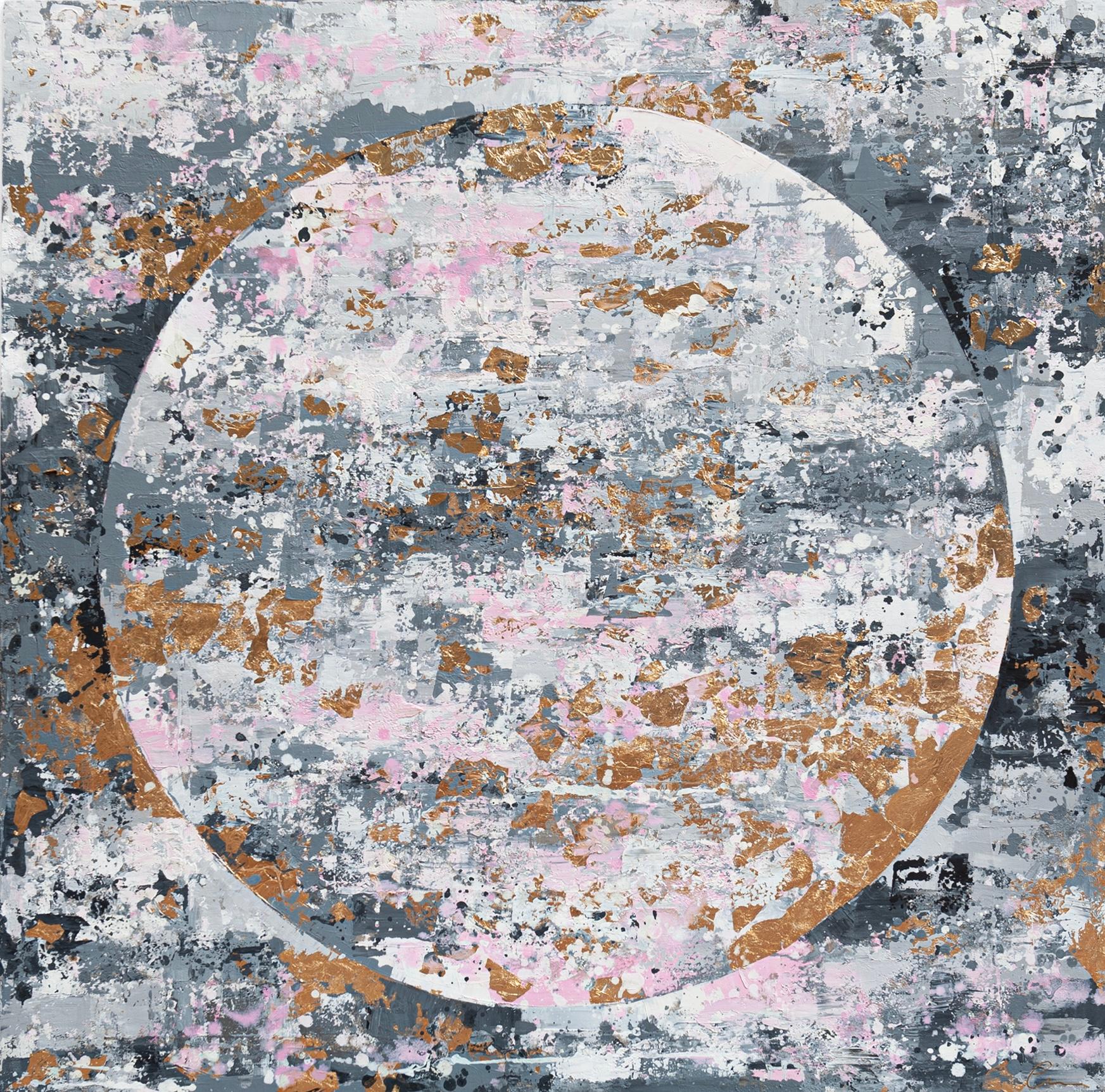 Pale moon with Dianthus Pink - 21st Century, Oil, gold leaf, abstract, winter