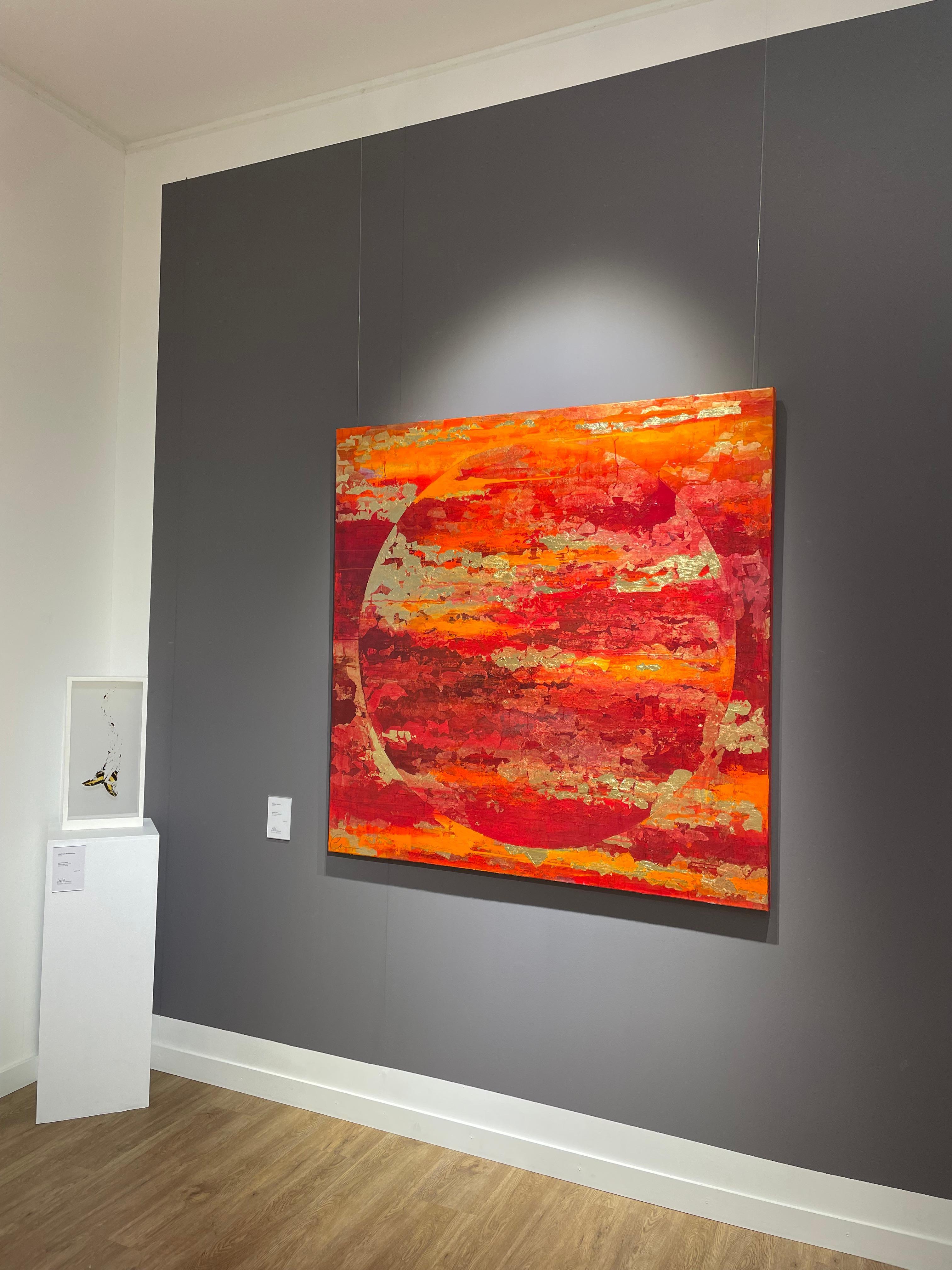 Red Autumn Moon - 21st Cent., Oil, abstract, night, red, gold leaf - Painting by Chelsea Davine