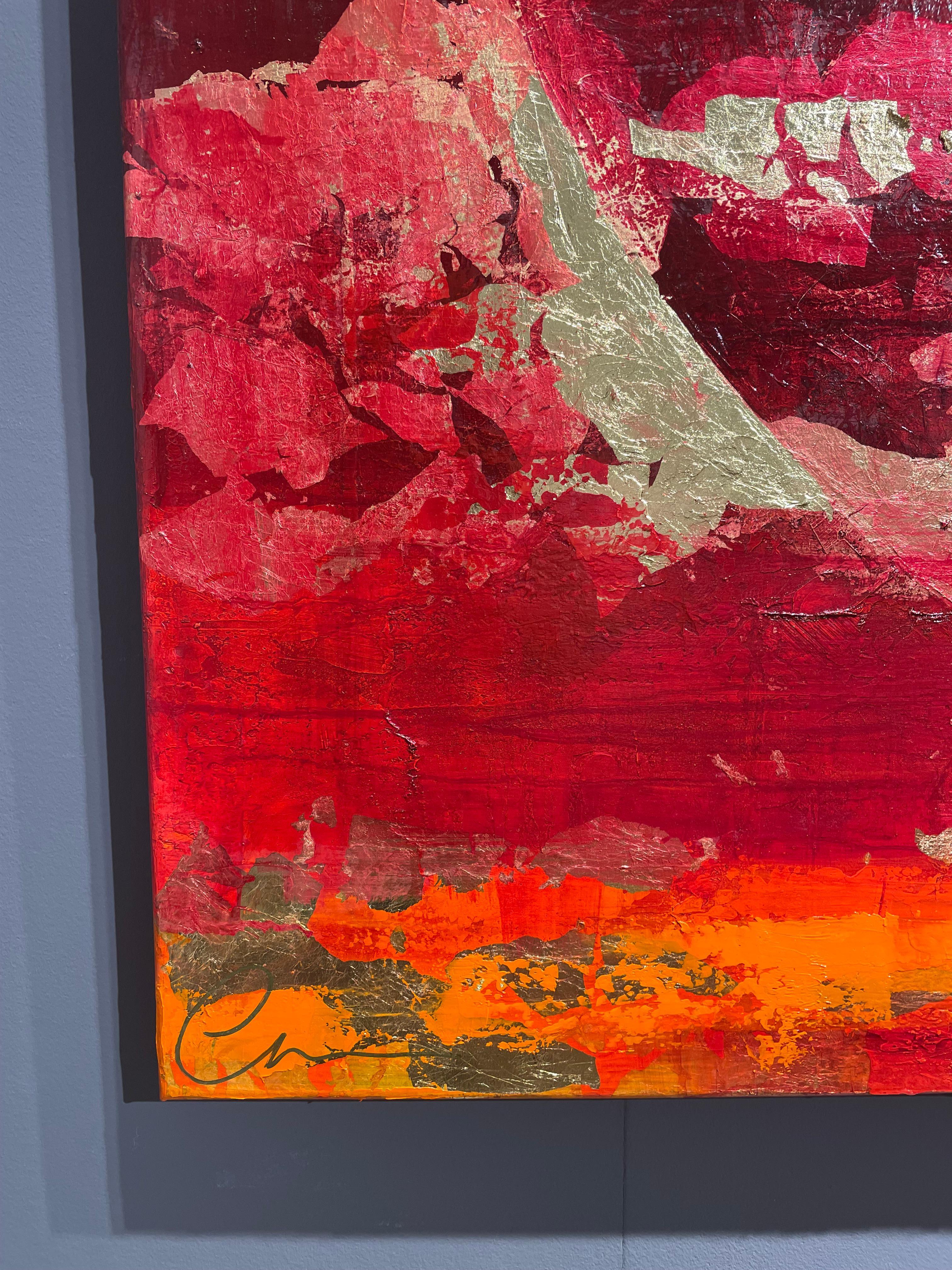 Luna rossa d'autunno - XXI secolo, Olio, astratto, notte, rosso, foglia d'oro - Painting Astratto di Chelsea Davine