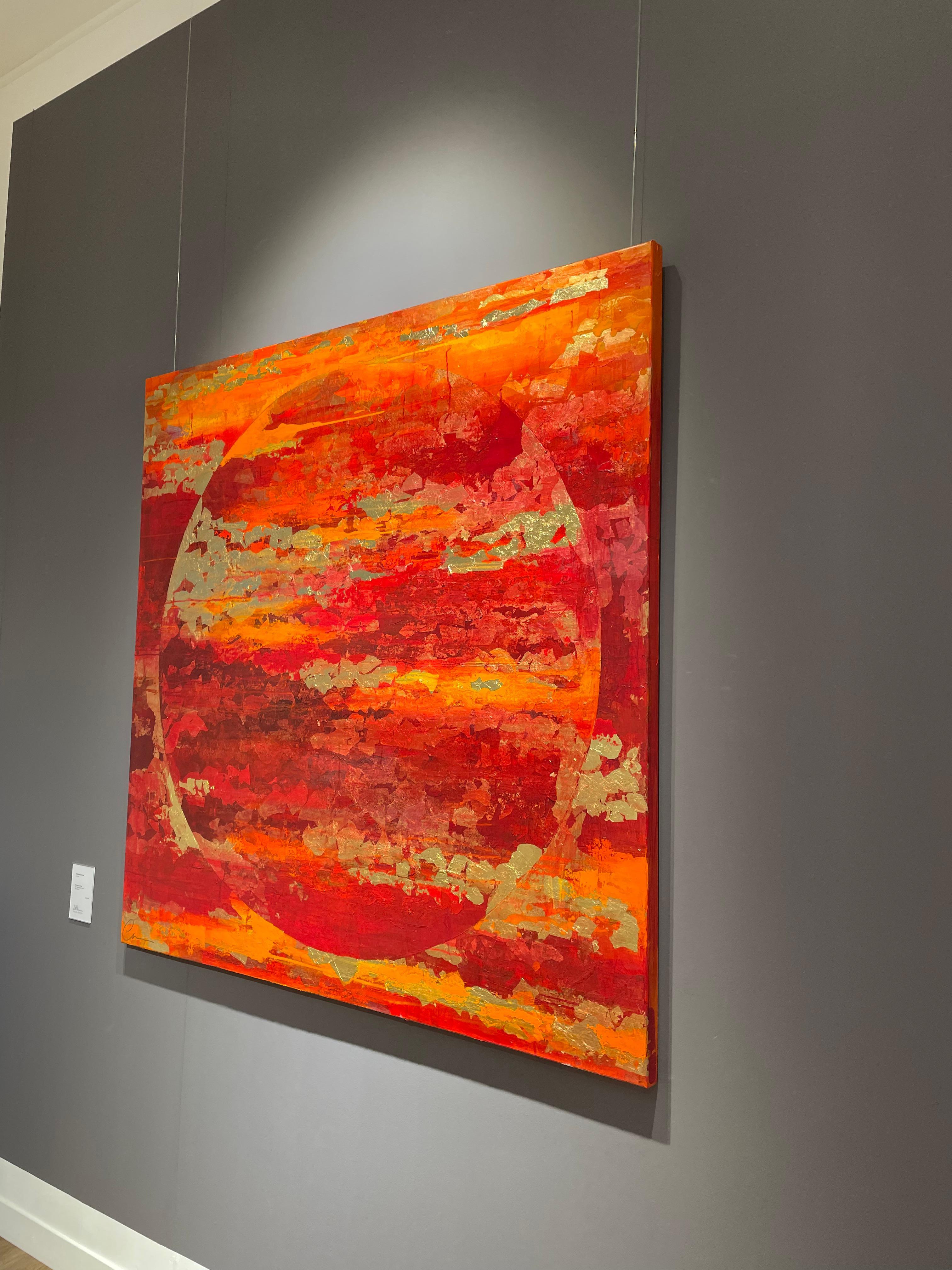 Red Autumn Moon - 21st Cent., Oil, abstract, night, red, gold leaf For Sale 2