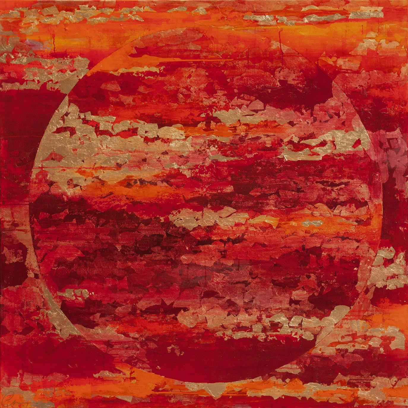 Chelsea Davine Abstract Painting – Red Autumn Moon - 21. Jahrhundert, Öl, abstrakt, Nacht, Rot, Blattgold, Rot