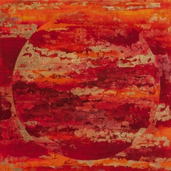 Red Autumn Moon - 21st Cent., Oil, abstract, night, red, gold leaf