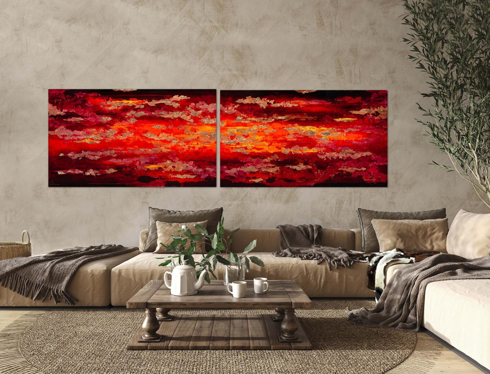 Riflesso - XXI secolo, Olio, astratto, notte, rosso, foglia d'oro, dittico - Painting di Chelsea Davine