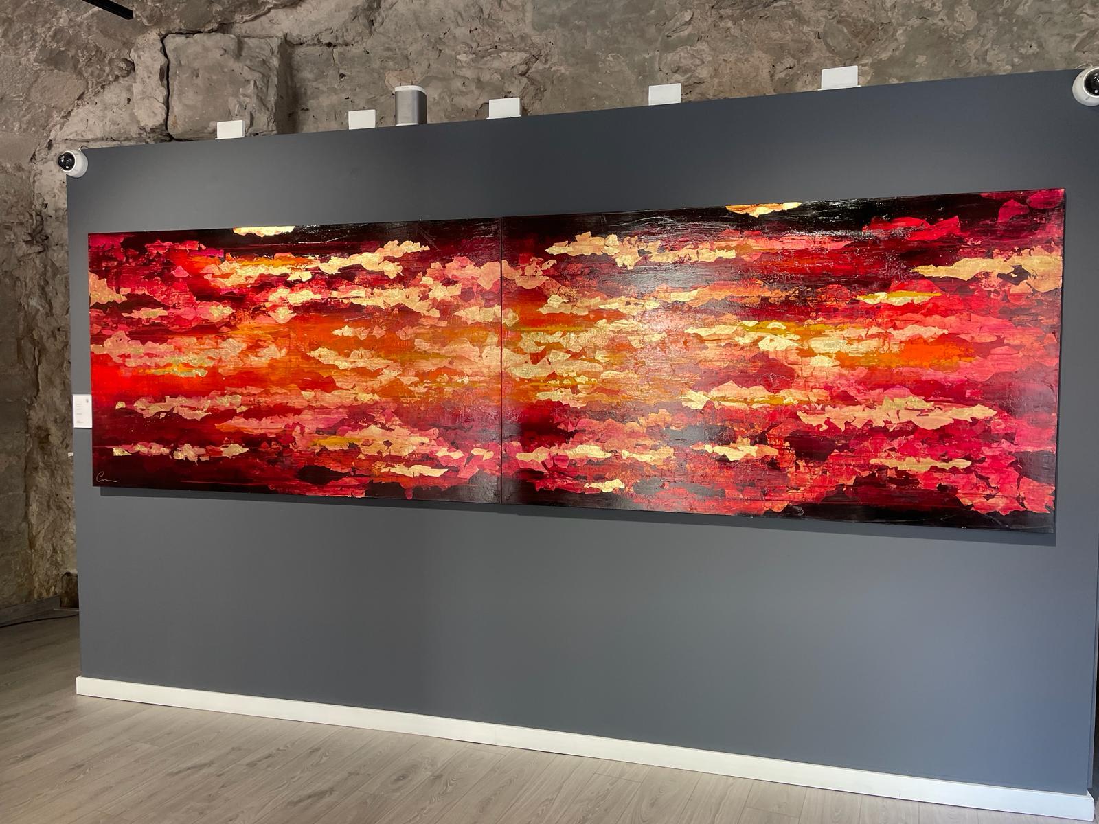 Riflesso - XXI secolo, Olio, astratto, notte, rosso, foglia d'oro, dittico - Painting Astratto di Chelsea Davine