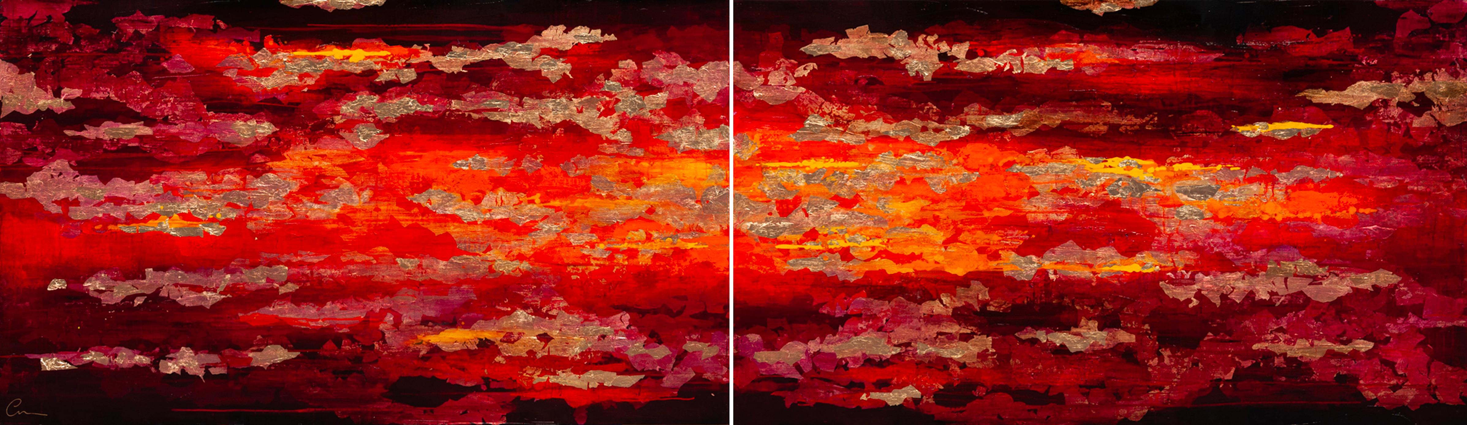 Abstract Painting di Chelsea Davine - Riflesso - XXI secolo, Olio, astratto, notte, rosso, foglia d'oro, dittico