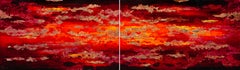 Reflect - 21. Jahrhundert, Öl, abstrakt, Nacht, Rot, Blattgold, Diptychon
