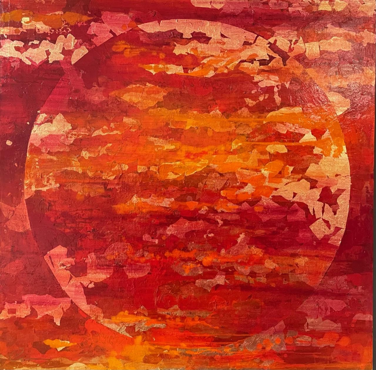 Abstract Painting di Chelsea Davine - Meridiano di primavera - 21° secolo, Olio, astratto, notte, rosso, foglia d'oro