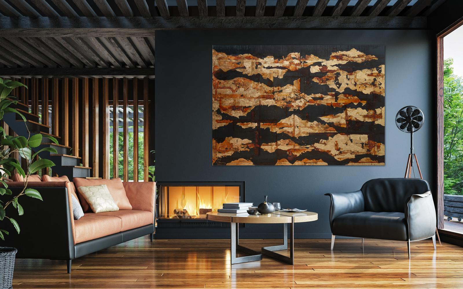 Acciaio con oro - XXI secolo, Acciaio con foglia d'oro, astratto, notte, rosso - Painting Astratto di Chelsea Davine