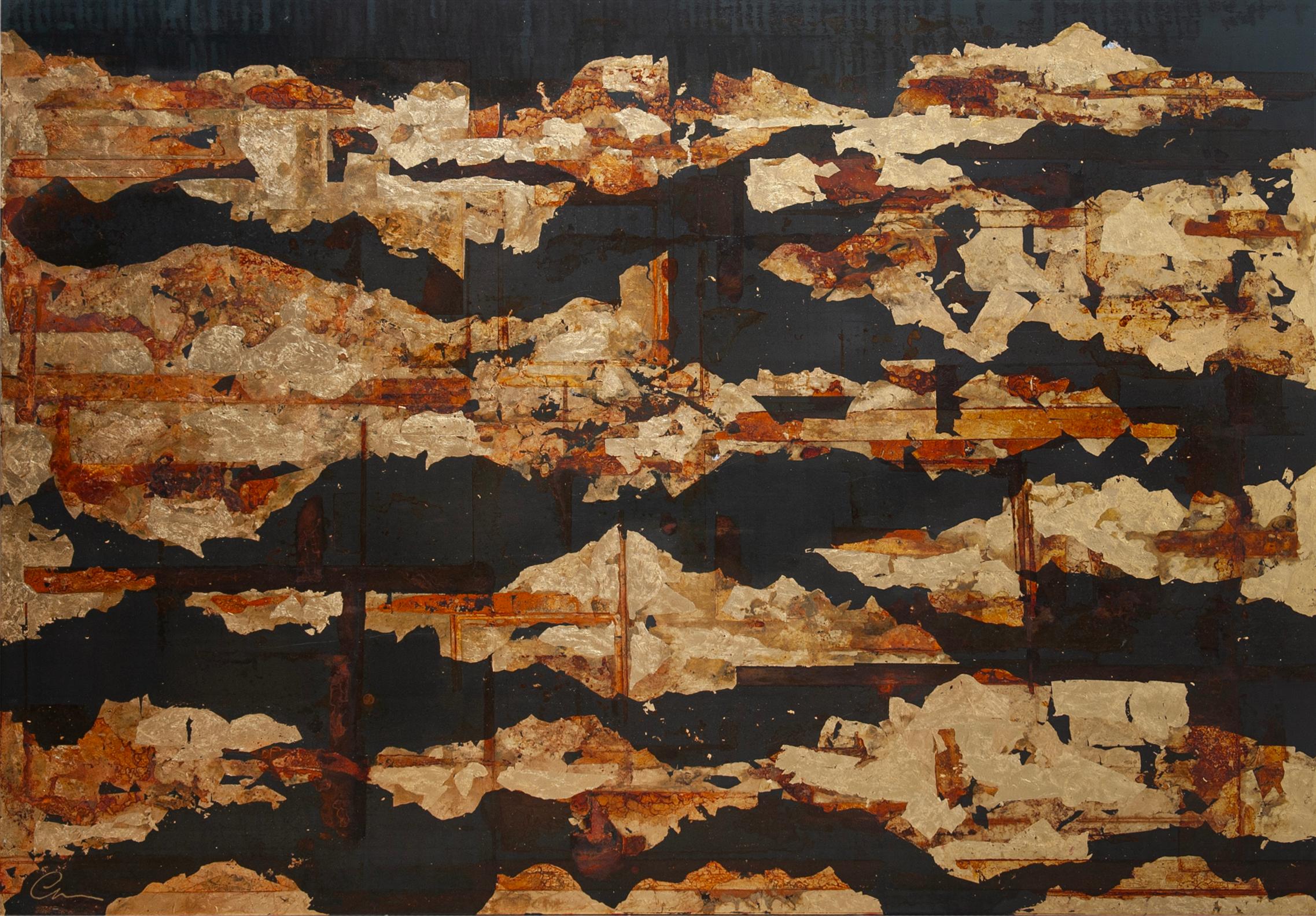 Steel with Gold - 21st Cent., Steel with gold leaf, abstract, night, red