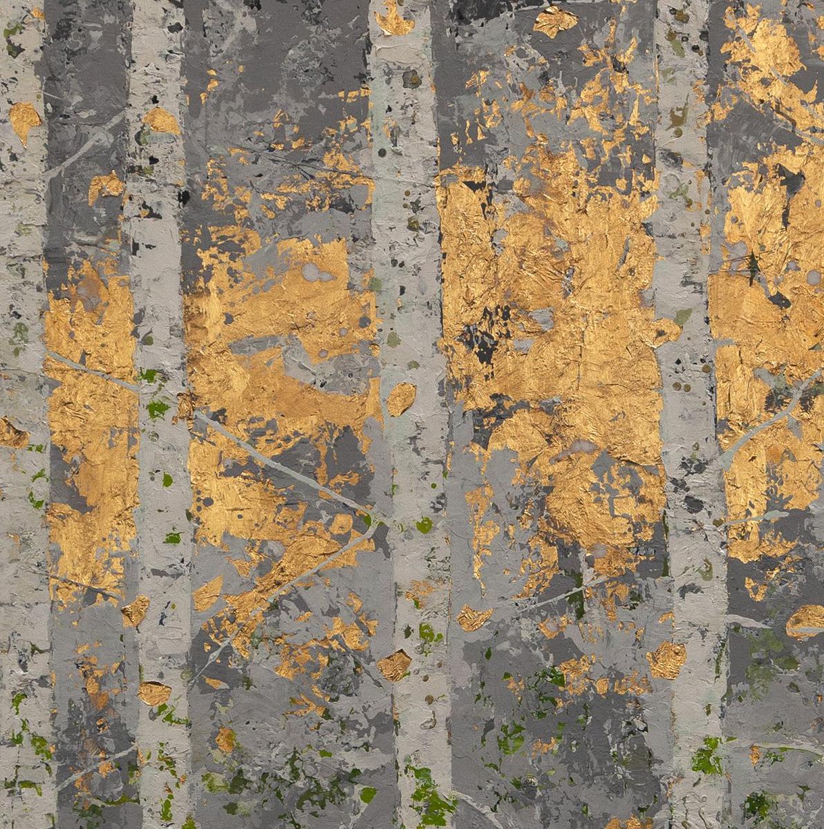 Summer Light In The Forest - 21st Century, Contemporary, Painting, Gold Leaf - Gray Landscape Painting by Chelsea Davine