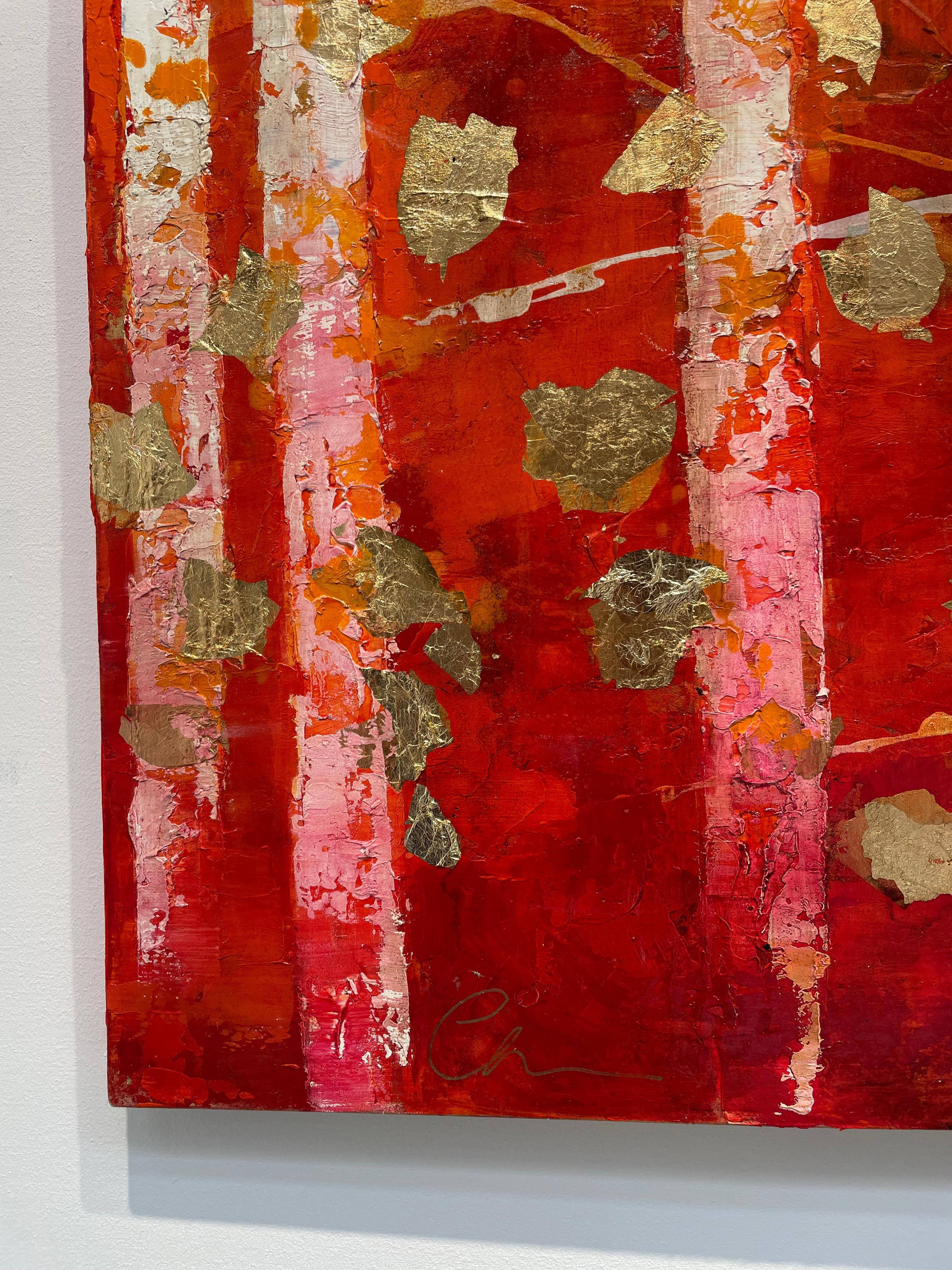 Summer Woods - 21st Cent., Oil, abstract, night, red, gold leaf - Painting by Chelsea Davine