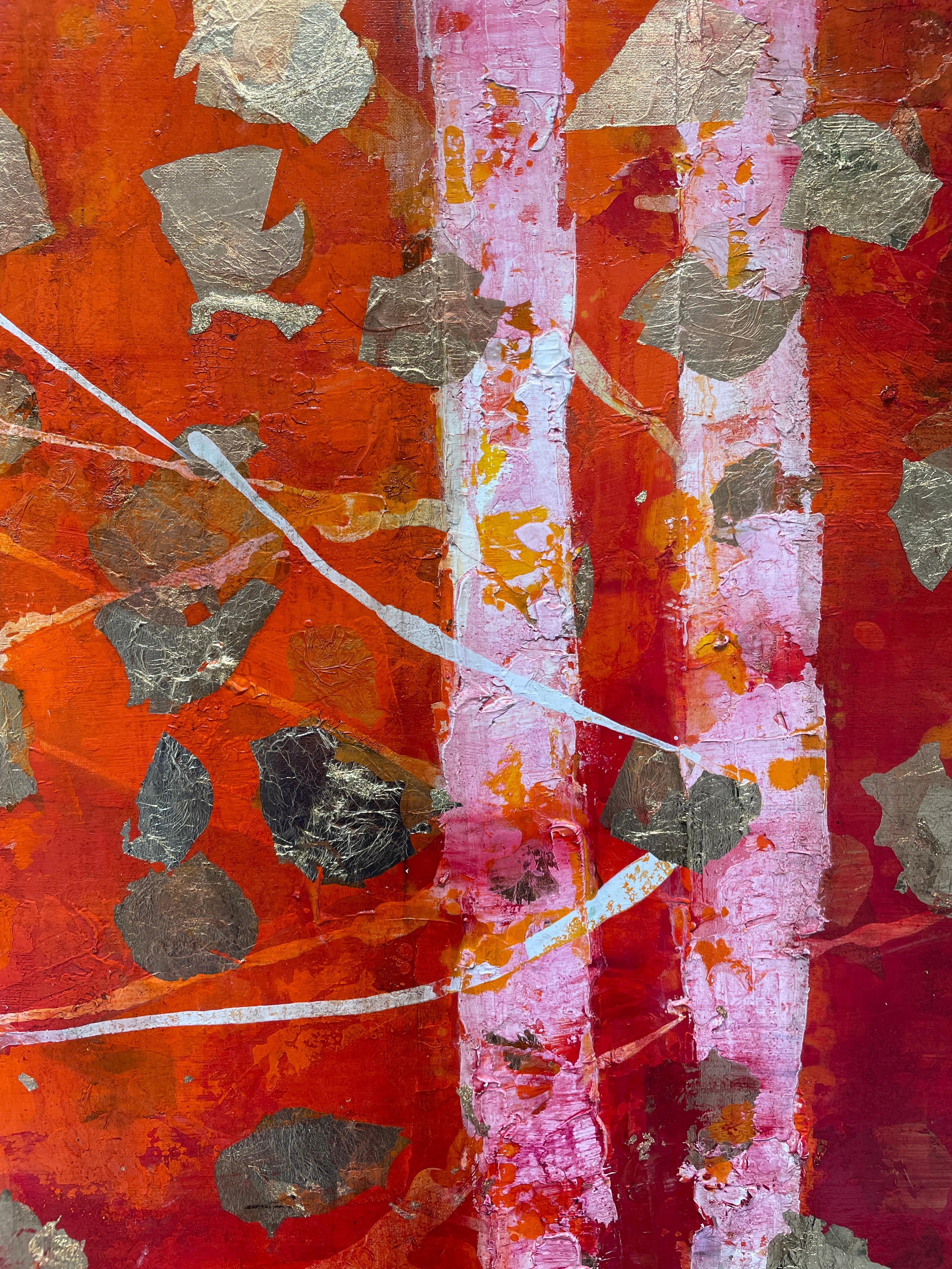 Summer Woods - 21st Cent., Oil, abstract, night, red, gold leaf - Abstract Painting by Chelsea Davine