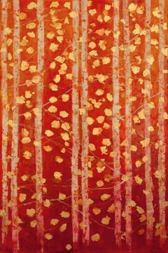 Summer Woods - 21st Cent., Oil, abstract, night, red, gold leaf