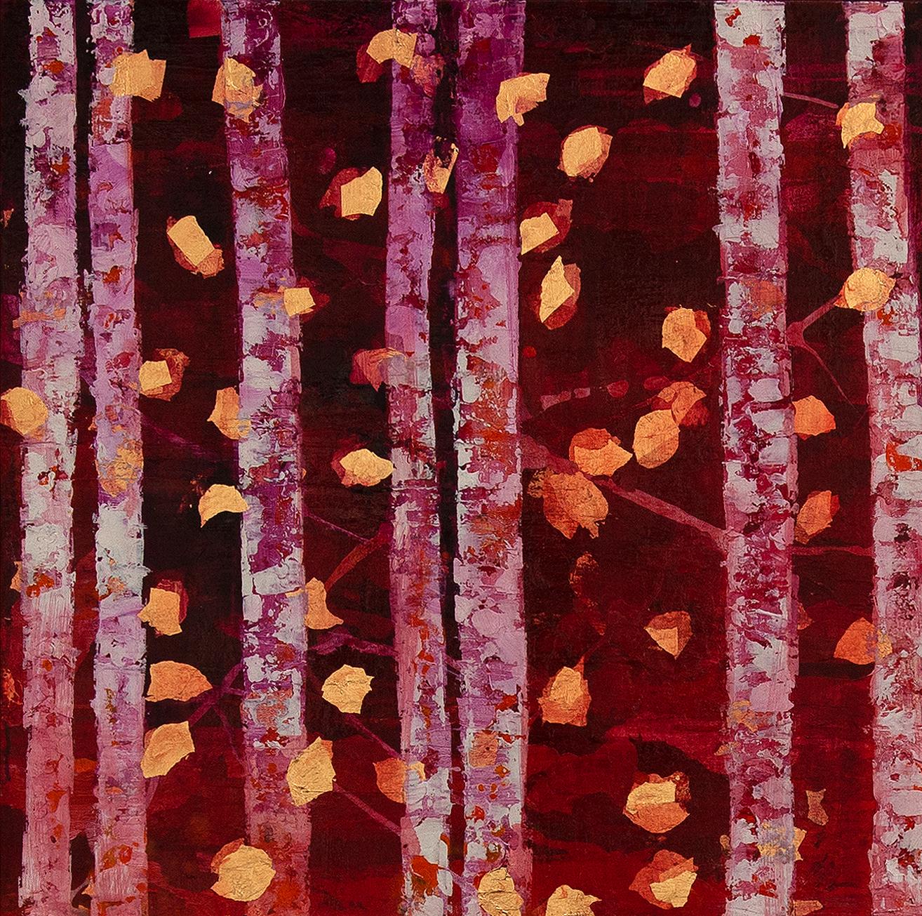 Sunset In The Forest - 21st Century, Contemporary, Abstract Painting, Gold Leaf - Red Figurative Painting by Chelsea Davine
