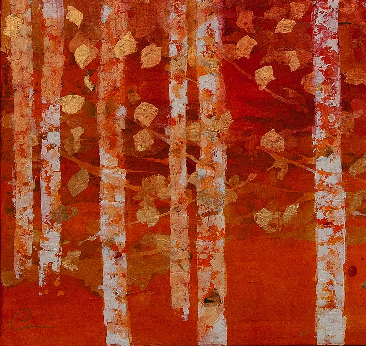Sunset In The Forest - 21st Century, Contemporary, Abstract Painting, Gold Leaf 1