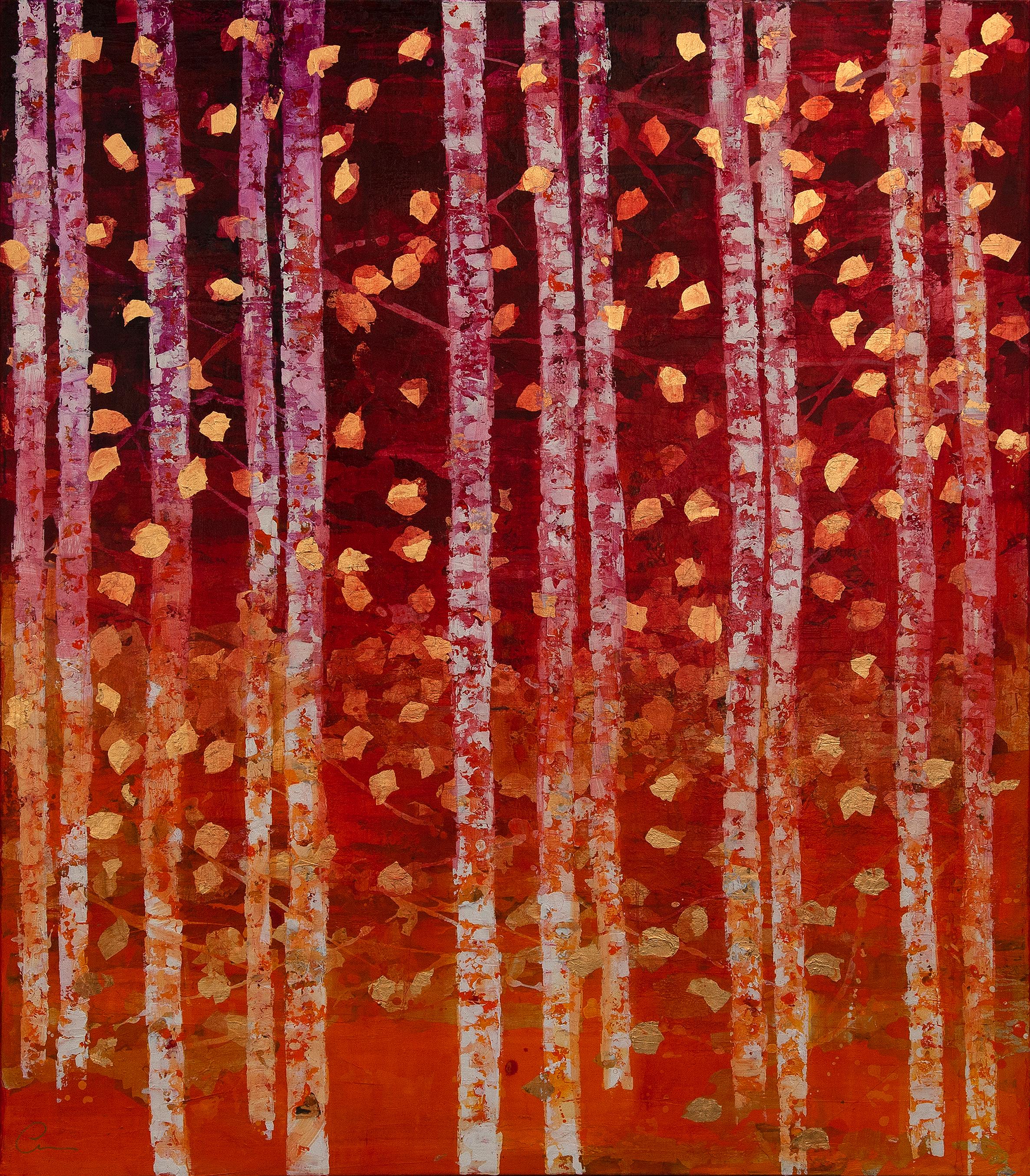 Chelsea Davine Figurative Painting - Sunset In The Forest - 21st Century, Contemporary, Abstract Painting, Gold Leaf