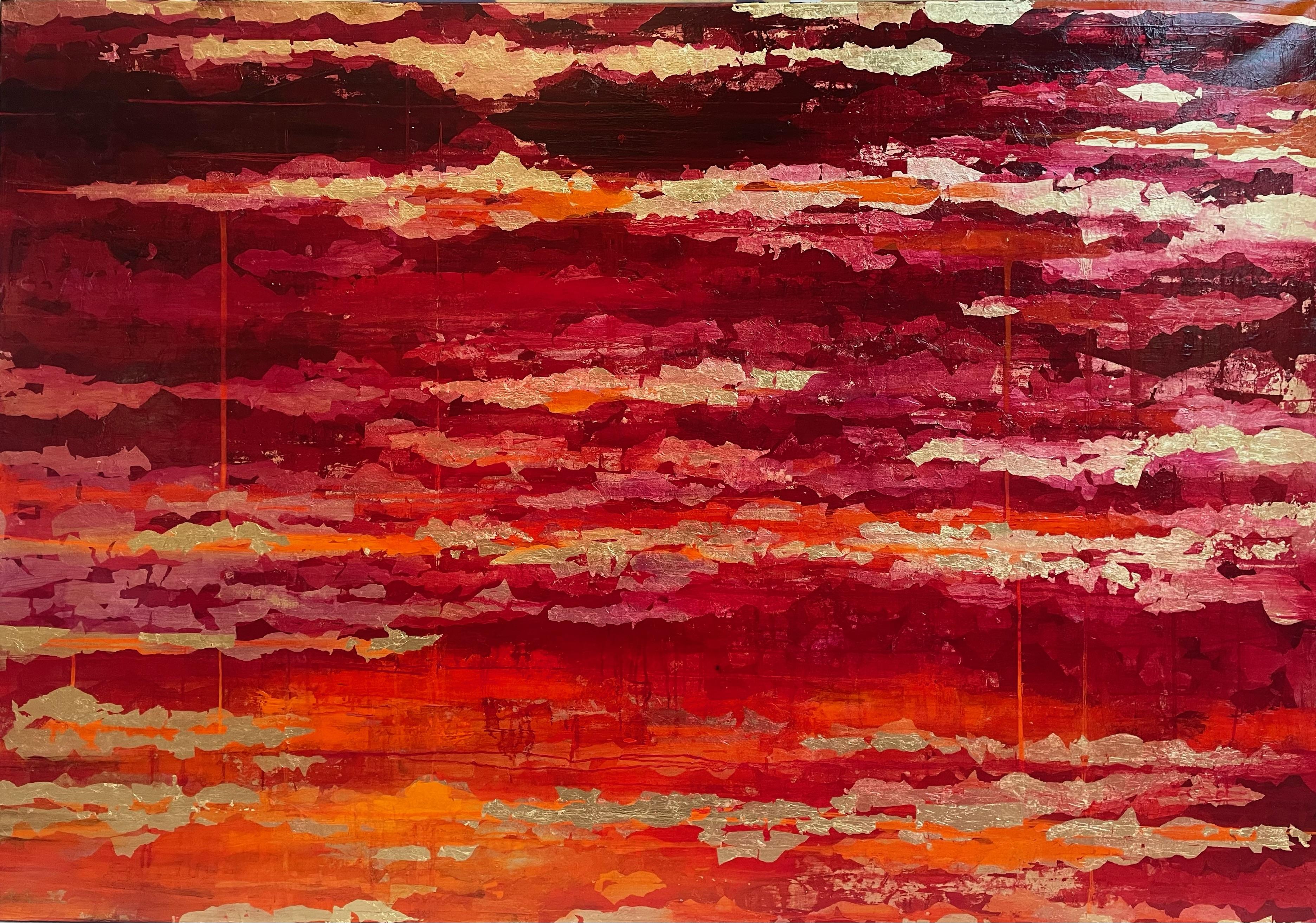 Peinture à l'huile abstraite contemporaine « Winter Dawn III » du XXIe siècle, feuille d'or