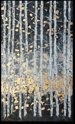 Winter Wood with Gold- 21st Century, Oil painting, gold leaf, abstract, winter