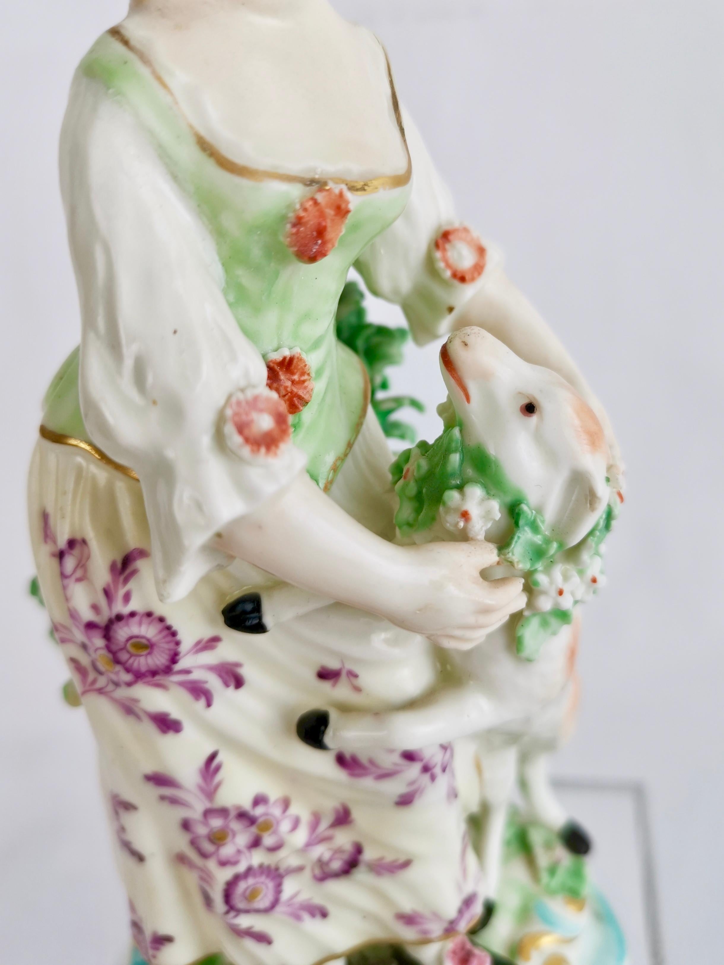 Porcelain Derby Figure of Shepherdess with Garlanded Lamb, ca 1760 For Sale