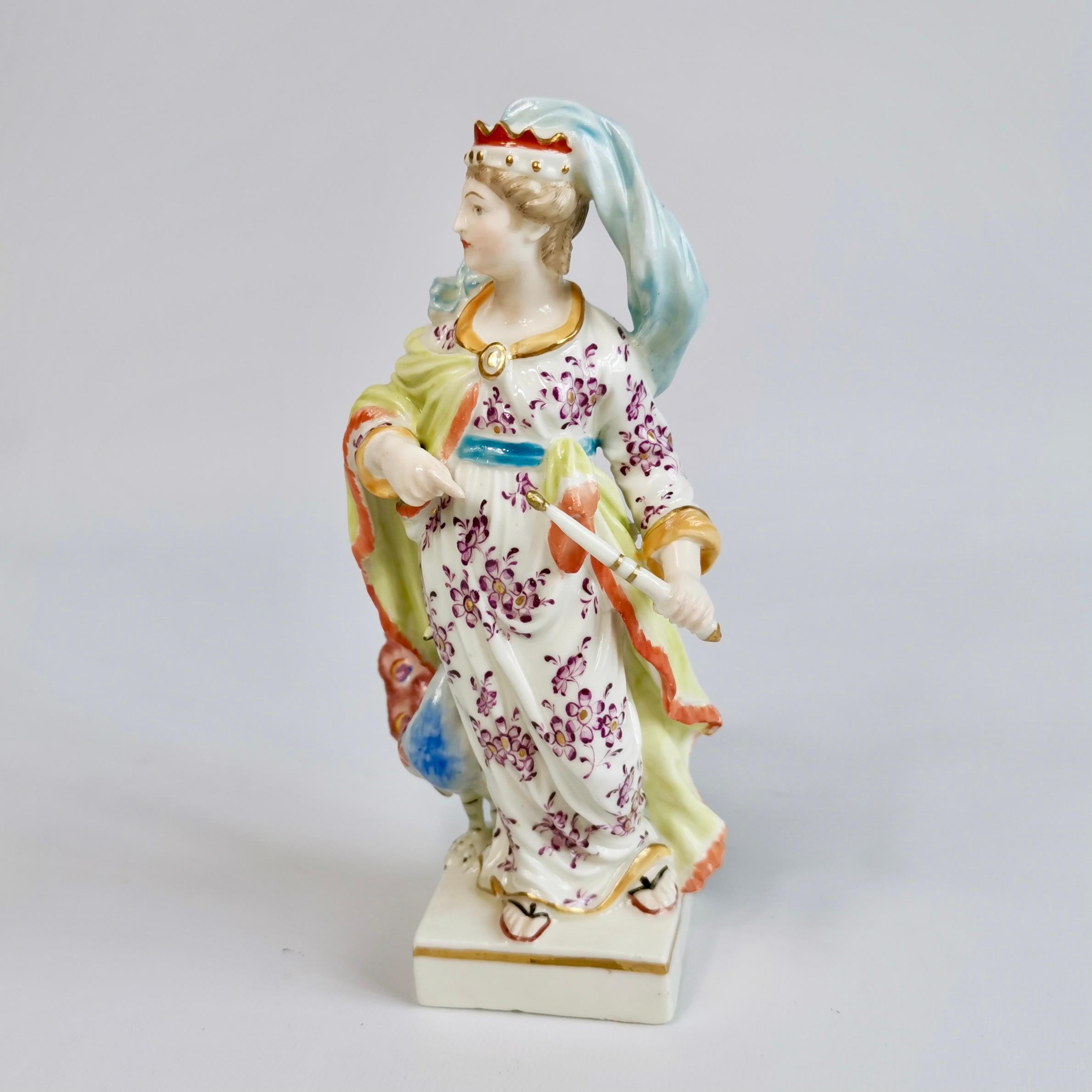 This is a beautiful porcelain figure of Juno with a peacock, made by Derby around the year 1780. 
 
The Derby Porcelain factory has its roots in the late 1740s, when Andrew Planché, a Walloon Huguenot refugee, started making simple porcelain toys