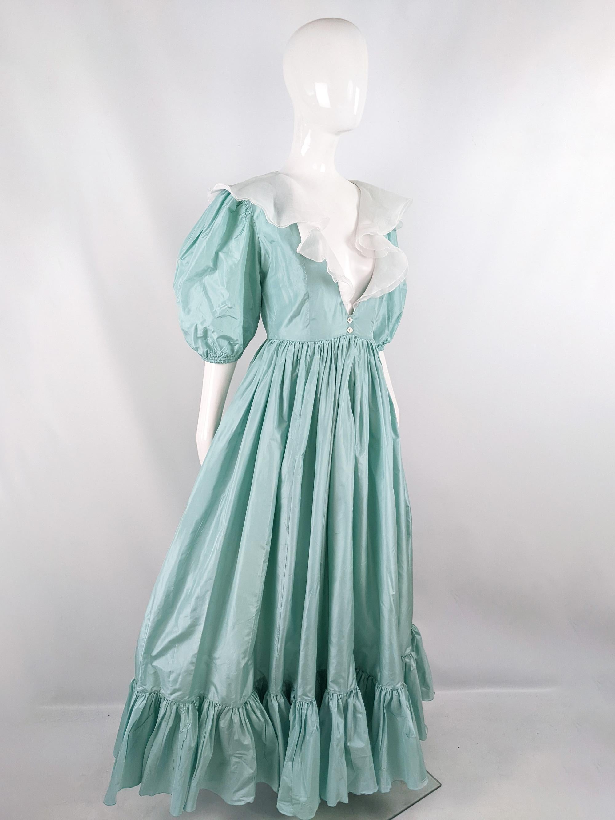 Blue Chelsea Design Co Vintage 80s Mint Taffeta Plunge Neck Ball Gown Dress, 1980s For Sale