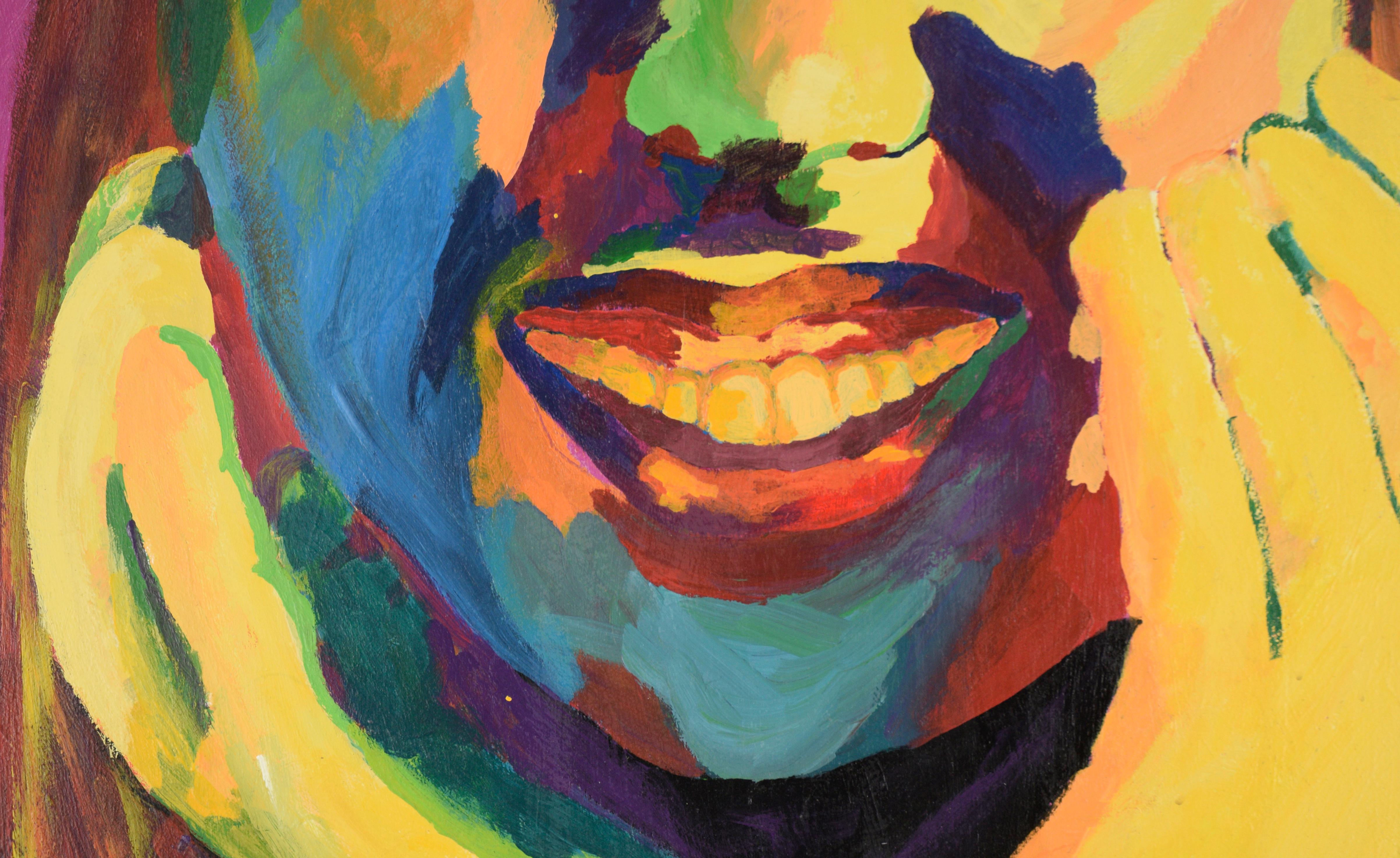 Lebhaftes Porträt einer lachenden Frau von Chelsea Frost. Dieses im fauvistischen Stil ausgeführte Werk ist hell und stark gesättigt. Die Frau ist sehr nah gerahmt, was ein intimes Gefühl für eine so große Komposition schafft.

Verso signiert