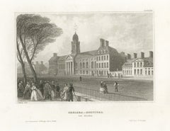 Chelsea Hospital, London, Antique Steel Engraving with Promenaders, circa 1850
