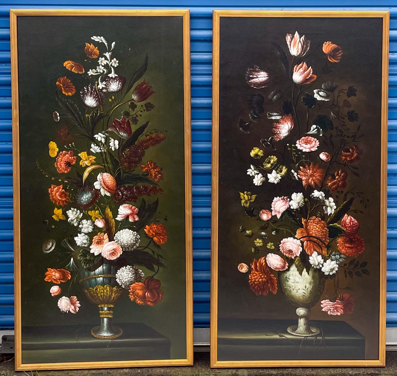 This is a lovely pair of oil on canvas panels in gold leaf frames by Chelsea House. They are done in the manner of 17th century artist Margherita Caffe. The subject matter is a floral still life in single vase. They are marked and numbered.