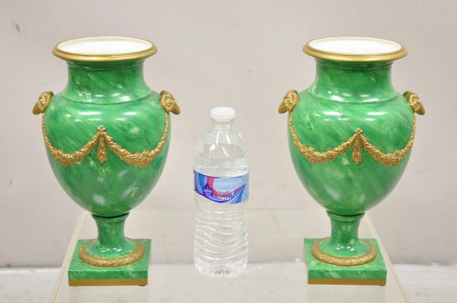 Chelsea House Italian Regency Ram Green Malachite Painted Porcelain Urn - a Pair For Sale 6
