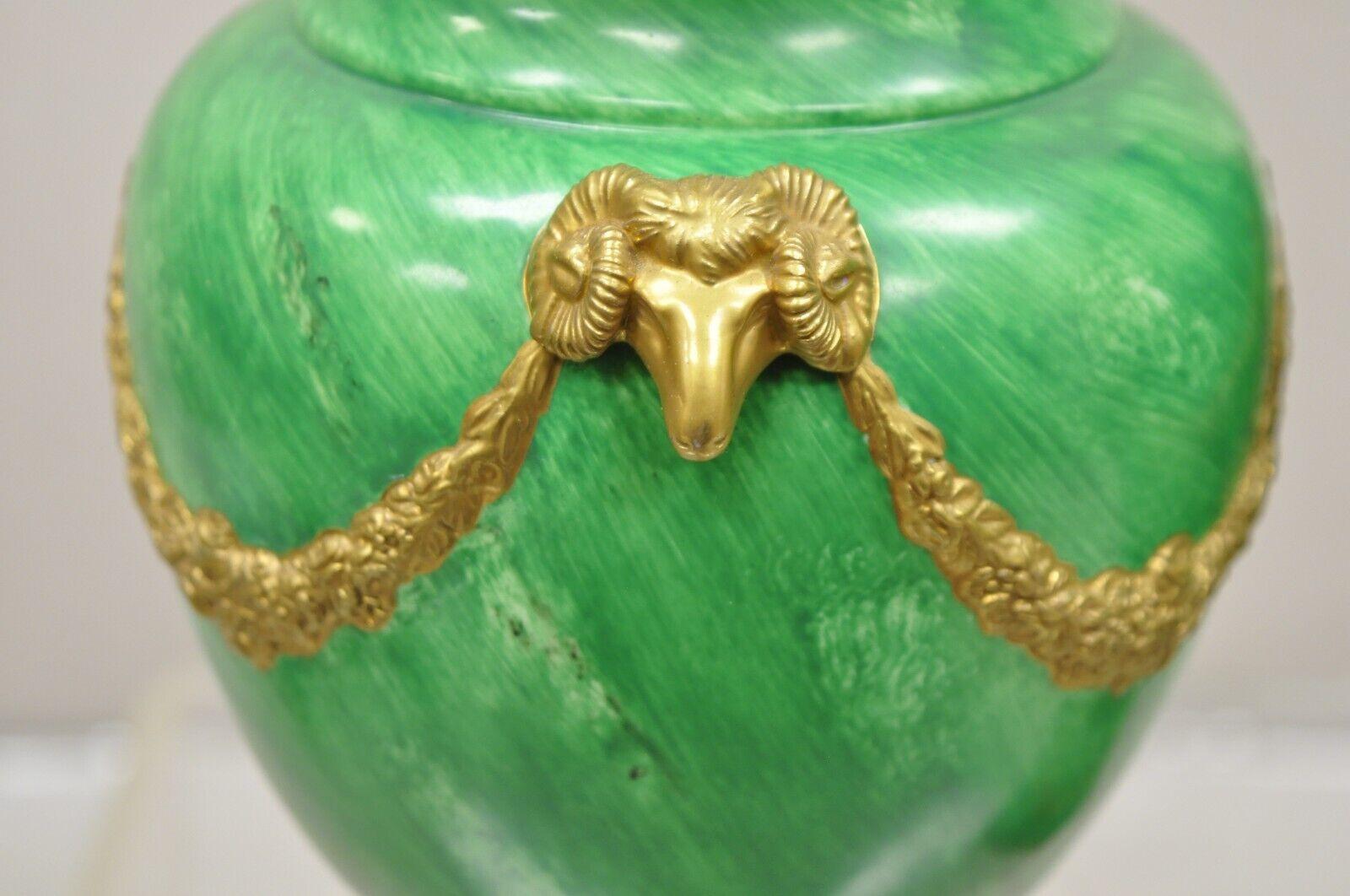 Chelsea House Italian Regency Ram Green Malachite Painted Porcelain Urn - a Pair For Sale 7
