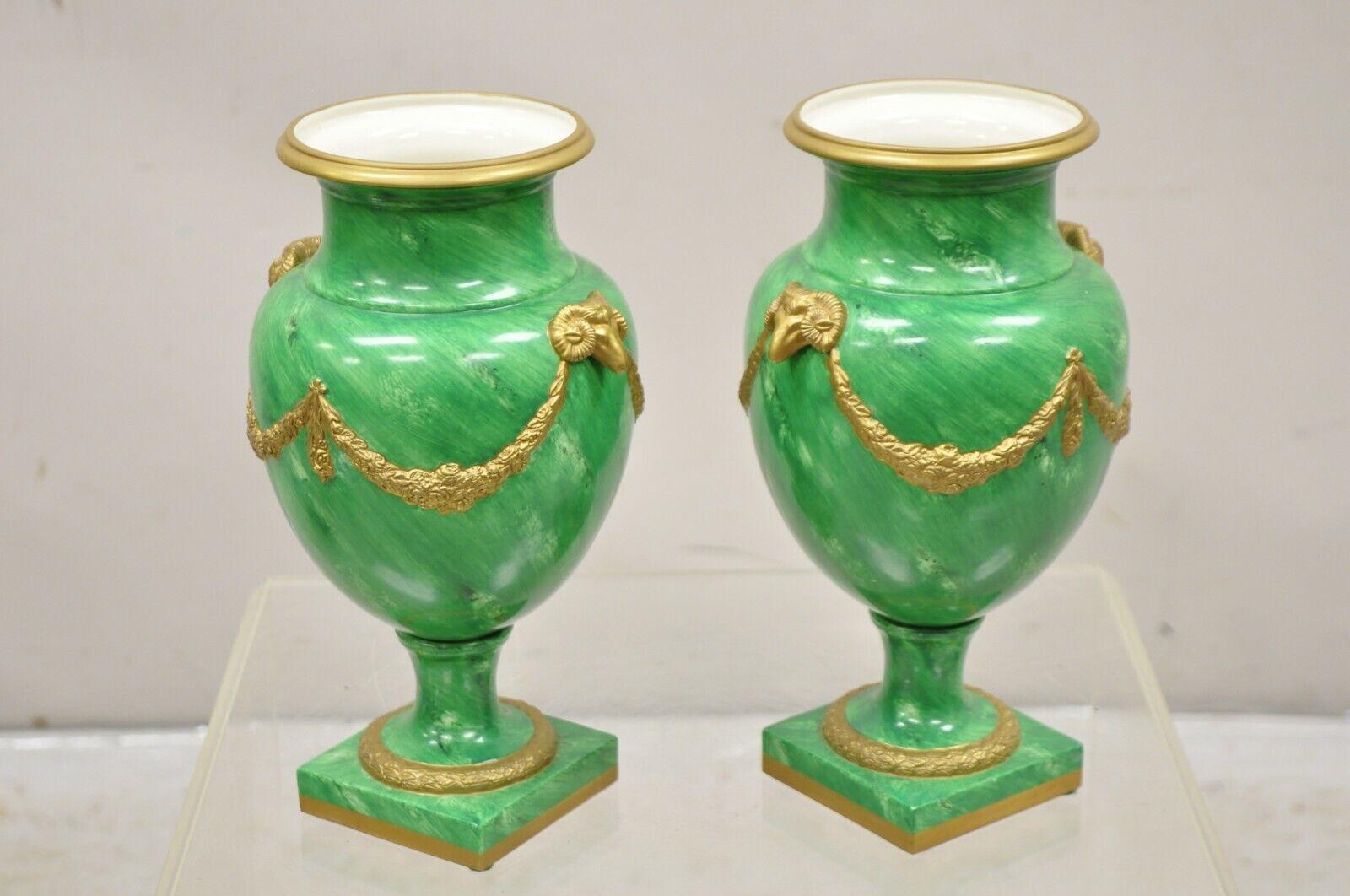 Chelsea House Italian Regency Ram Green Malachite Painted Porcelain Urn - a Pair For Sale 8