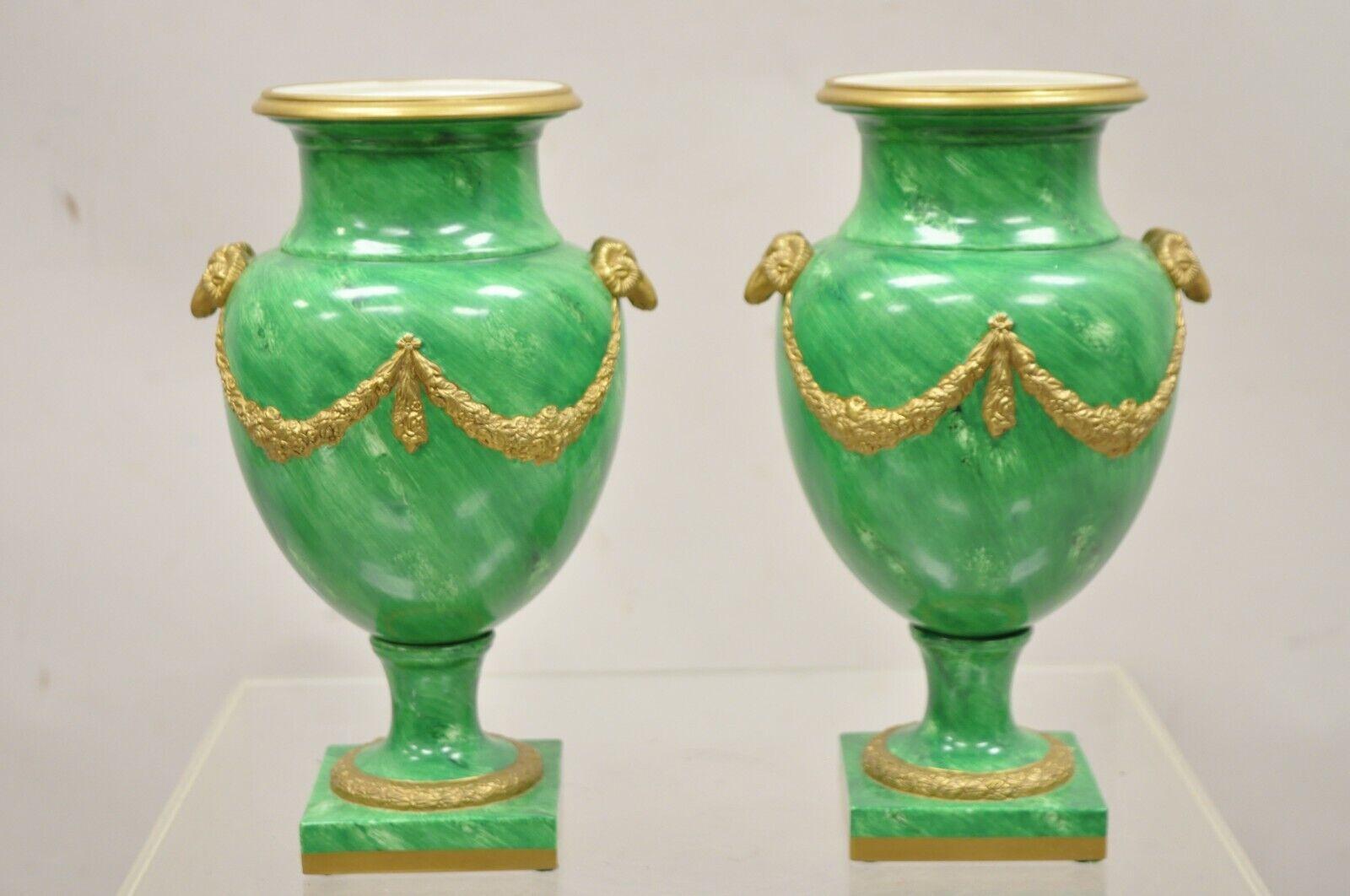 Chelsea House Italian Regency Style Ram Head Green Faux Malachite Painted Porcelain Urn - a Pair. Circa Late 20th Century.
Measurements: 11