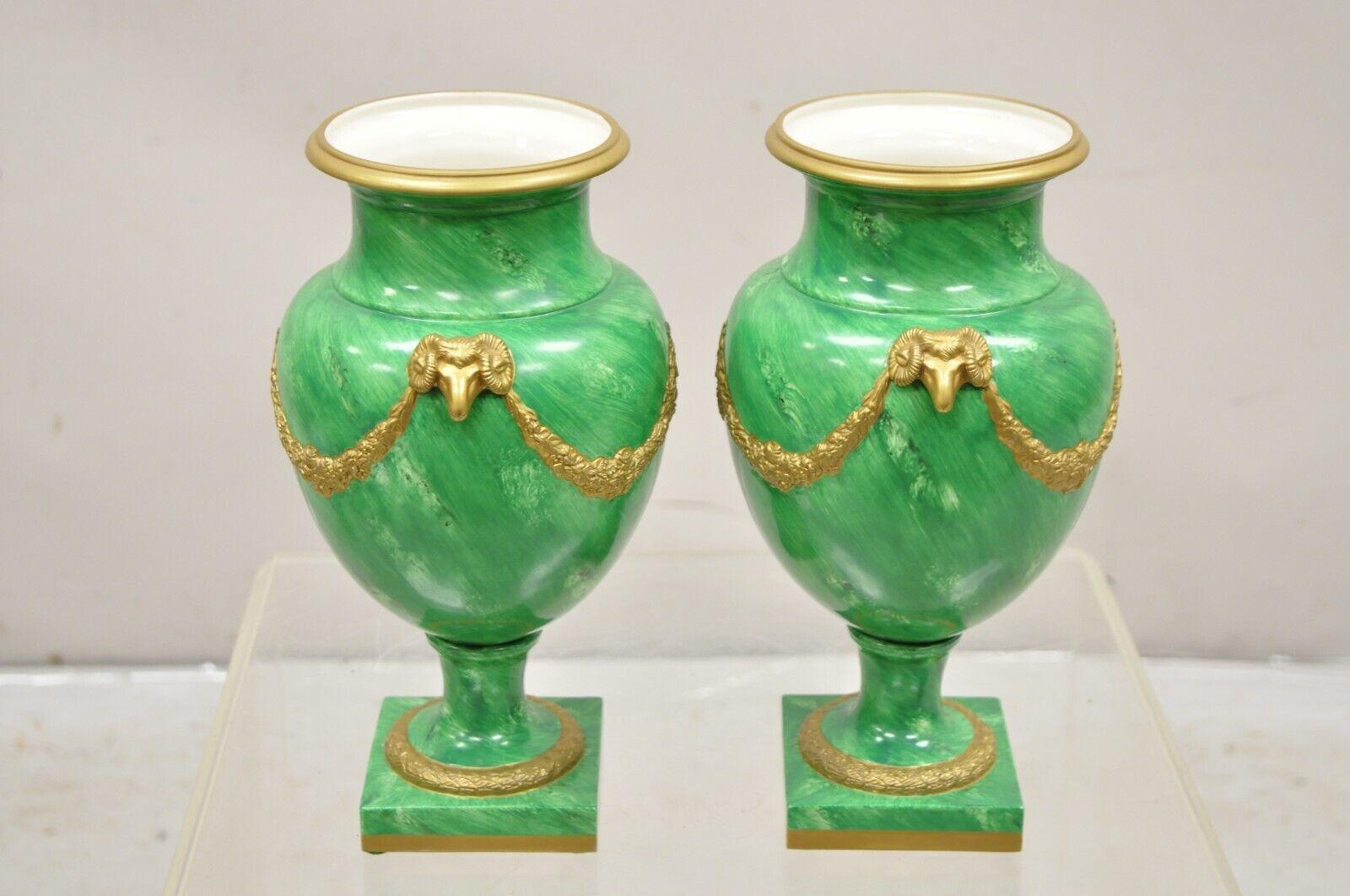 Chelsea House Italian Regency Ram Green Malachite Painted Porcelain Urn - a Pair In Good Condition For Sale In Philadelphia, PA