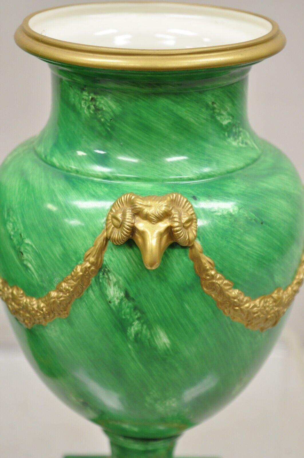 20th Century Chelsea House Italian Regency Ram Green Malachite Painted Porcelain Urn - a Pair For Sale