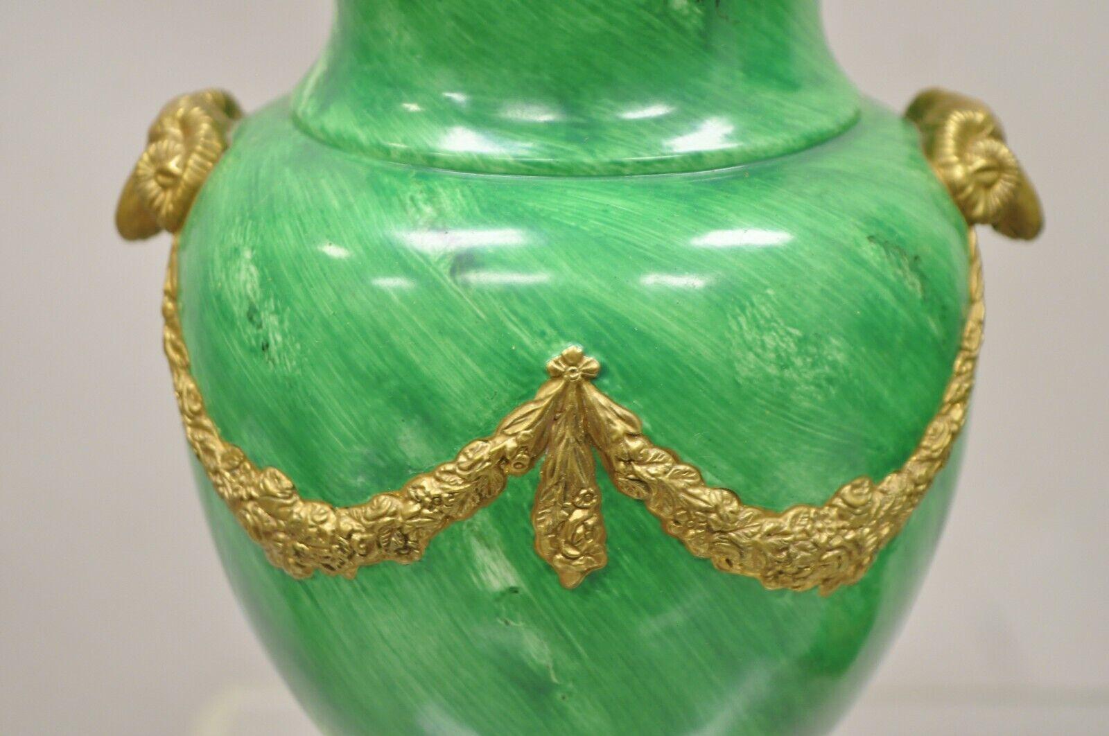 Chelsea House Italian Regency Ram Green Malachite Painted Porcelain Urn - a Pair For Sale 1
