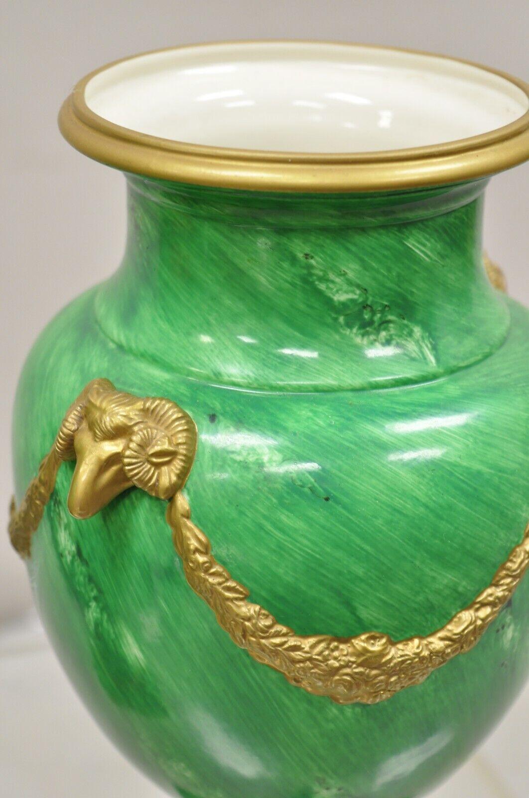 Chelsea House Italian Regency Ram Green Malachite Painted Porcelain Urn - a Pair For Sale 2