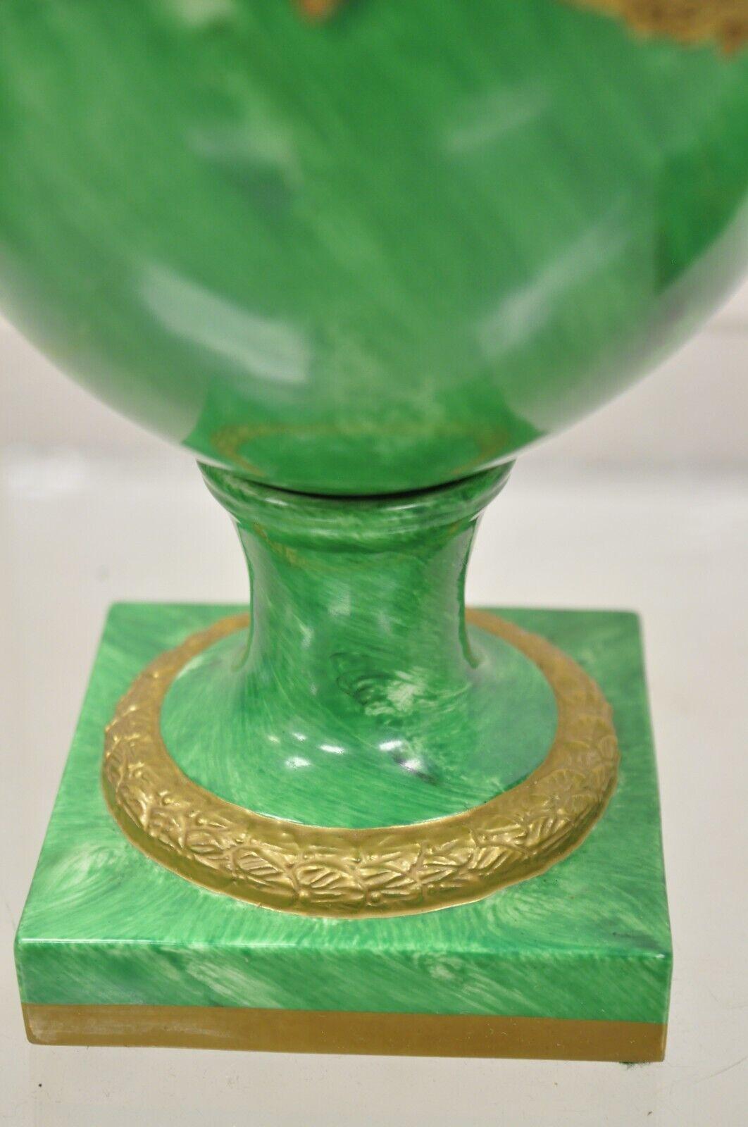 Chelsea House Italian Regency Ram Green Malachite Painted Porcelain Urn - a Pair For Sale 3