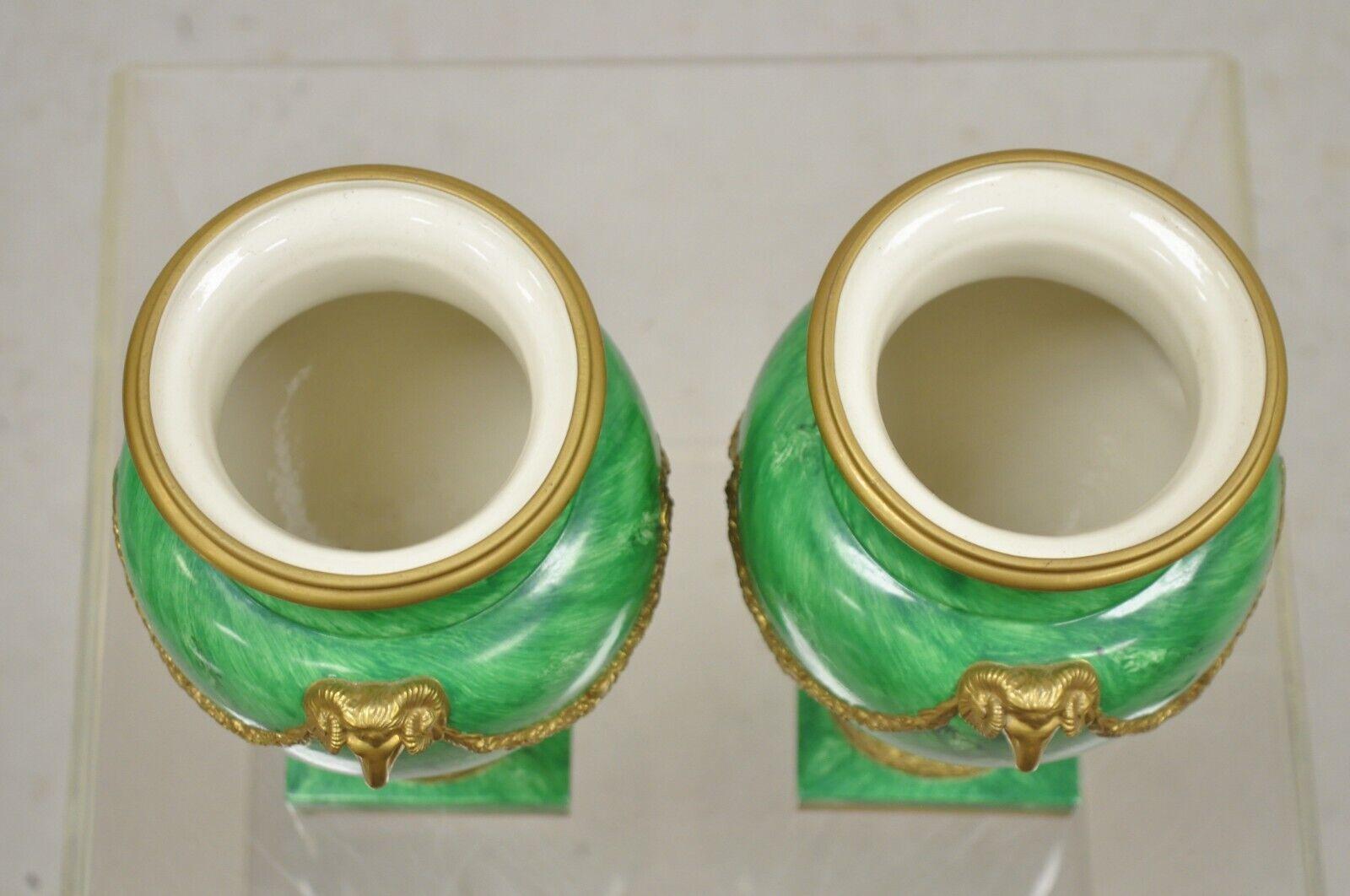 Chelsea House Italian Regency Ram Green Malachite Painted Porcelain Urn - a Pair For Sale 4