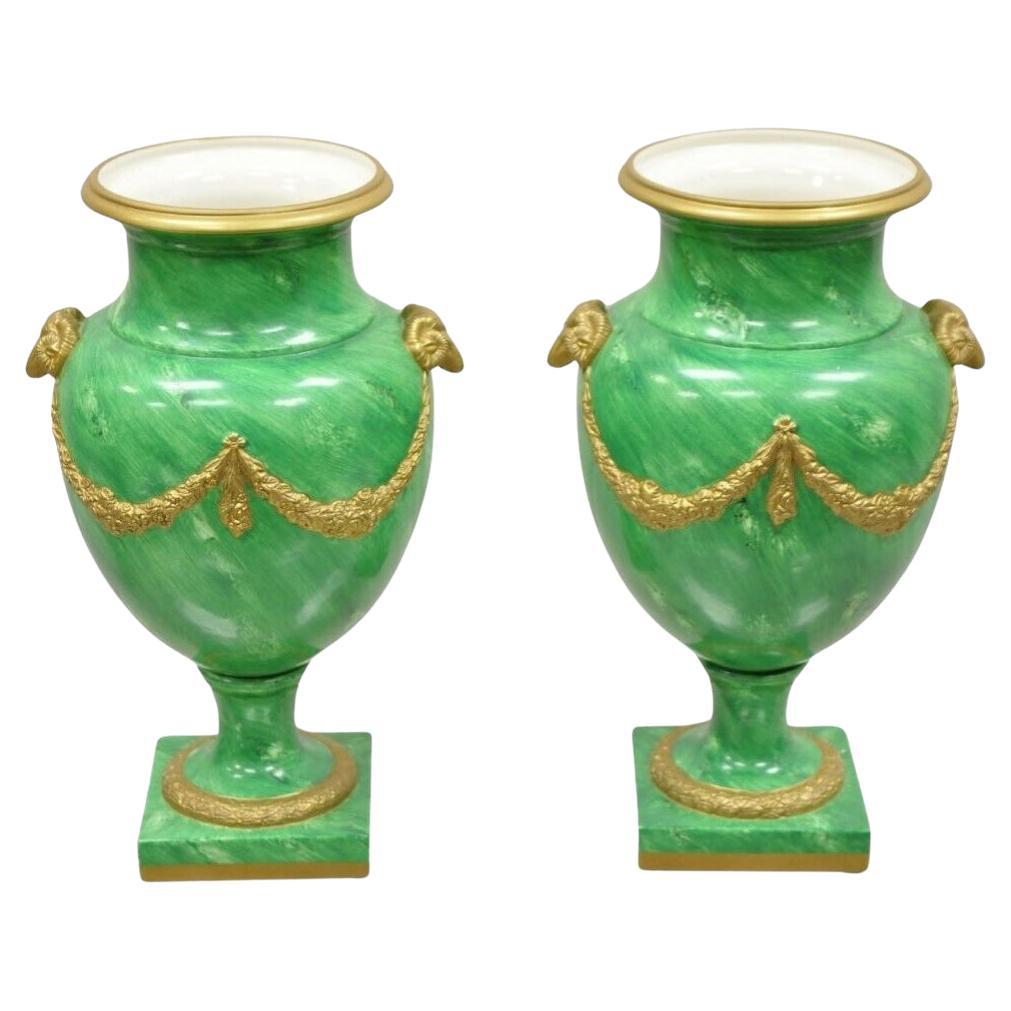 Chelsea House Italian Regency Ram Green Malachite Painted Porcelain Urn - a Pair For Sale