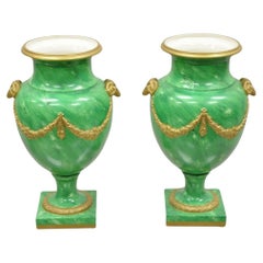 Chelsea House Italian Regency Ram Green Malachite Painted Porcelain Urn - a Pair