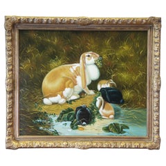 Retro Chelsea House Lop Eared Doe Rabbit Oil Painting After John Frederick Herring Sr