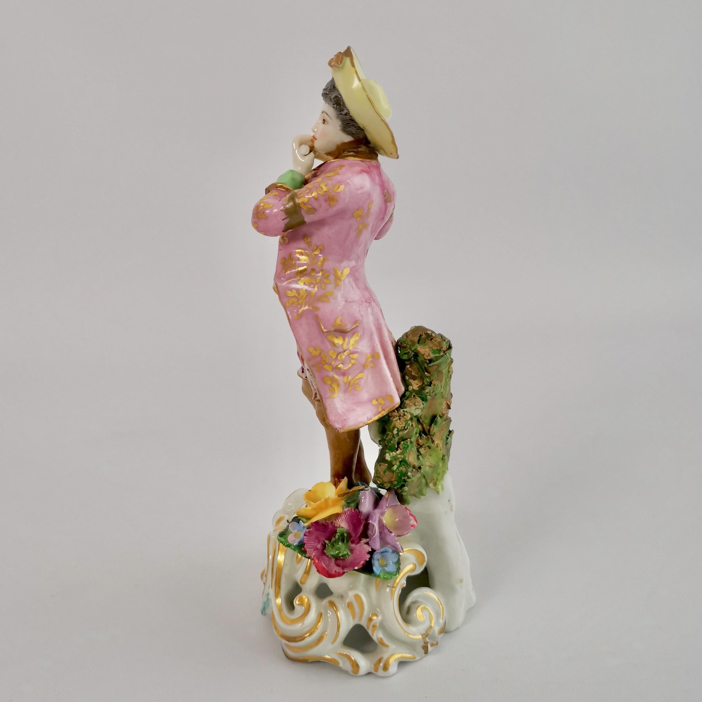 French Edmé Samson Porcelain Figure of Piper, Rococo Chelsea style, 19th Century