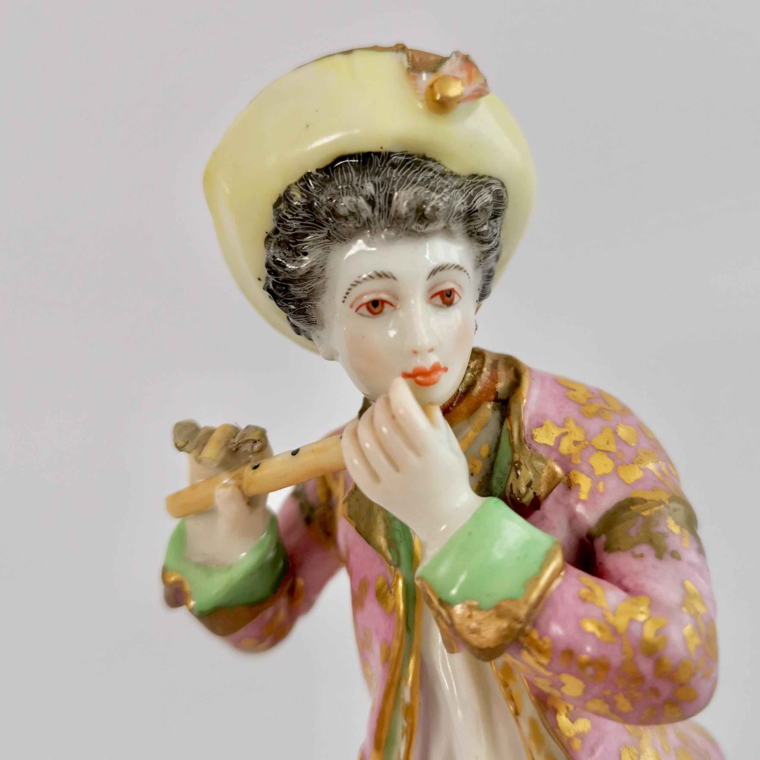 Hand-Painted Edmé Samson Porcelain Figure of Piper, Rococo Chelsea style, 19th Century