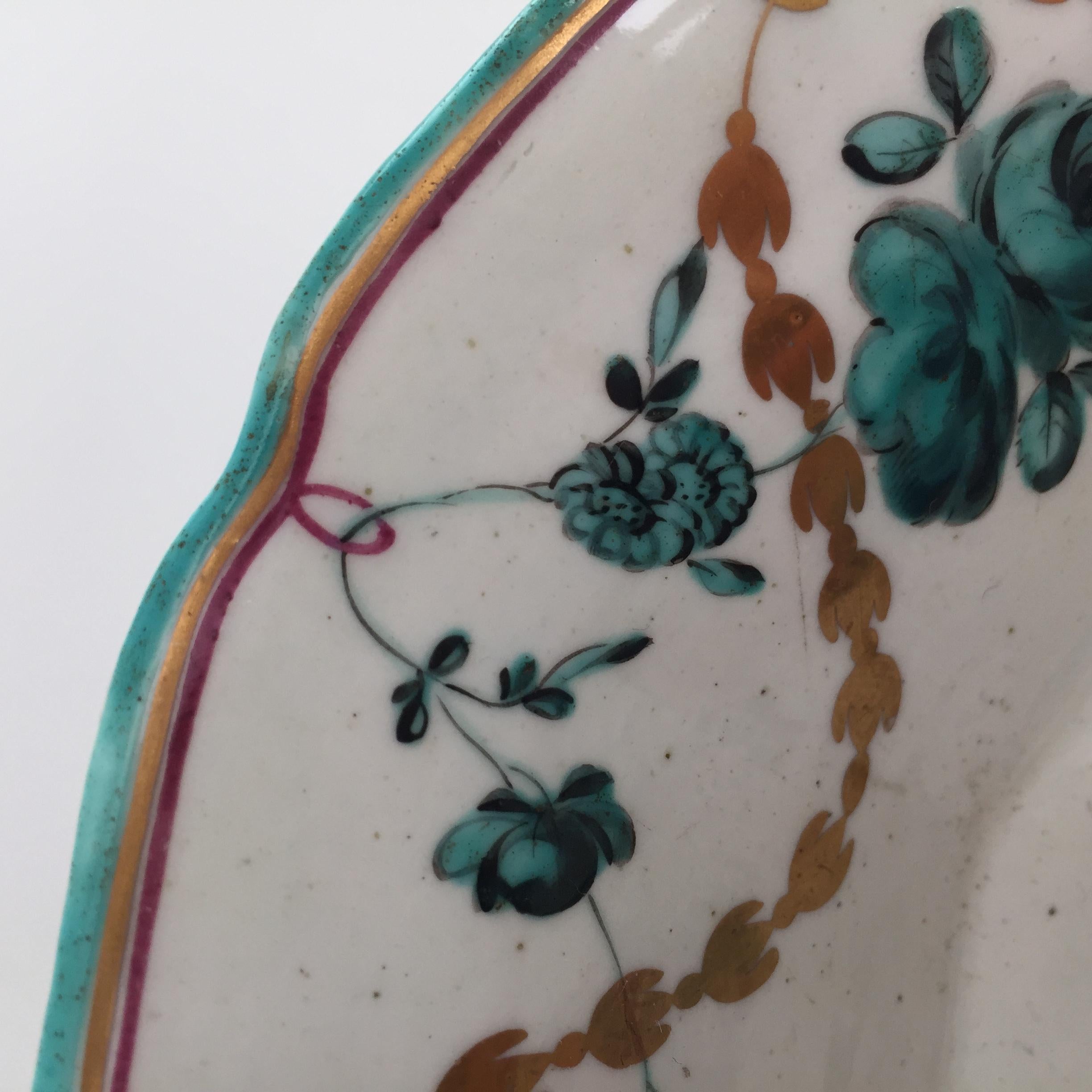 Chelsea Porcelain Octagonal Dish, Teal Flowers J Giles, Puce Anchor, 1753-1758 3