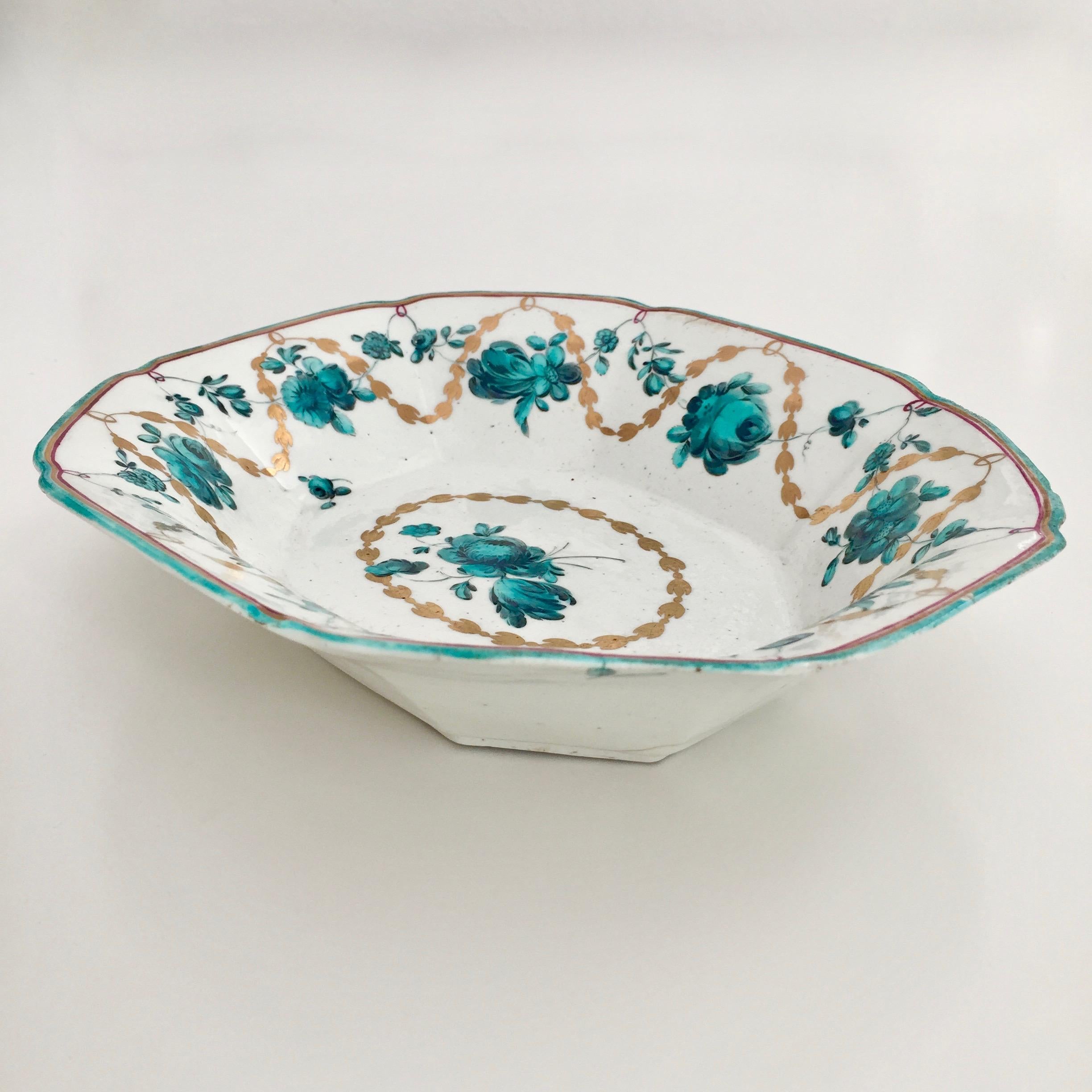 George II Chelsea Porcelain Octagonal Dish, Teal Flowers J Giles, Puce Anchor, 1753-1758