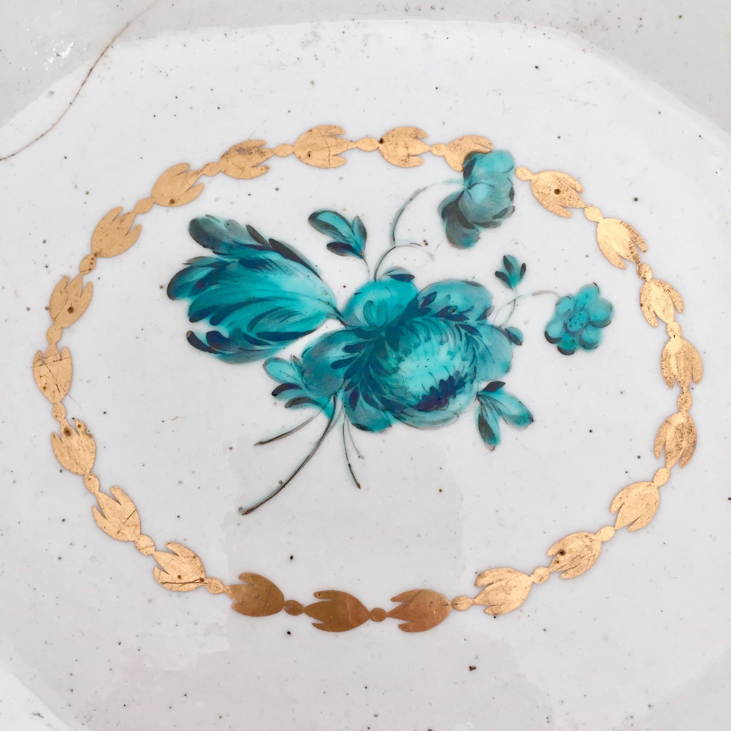 Hand-Painted Chelsea Porcelain Octagonal Dish, Teal Flowers J Giles, Puce Anchor, 1753-1758
