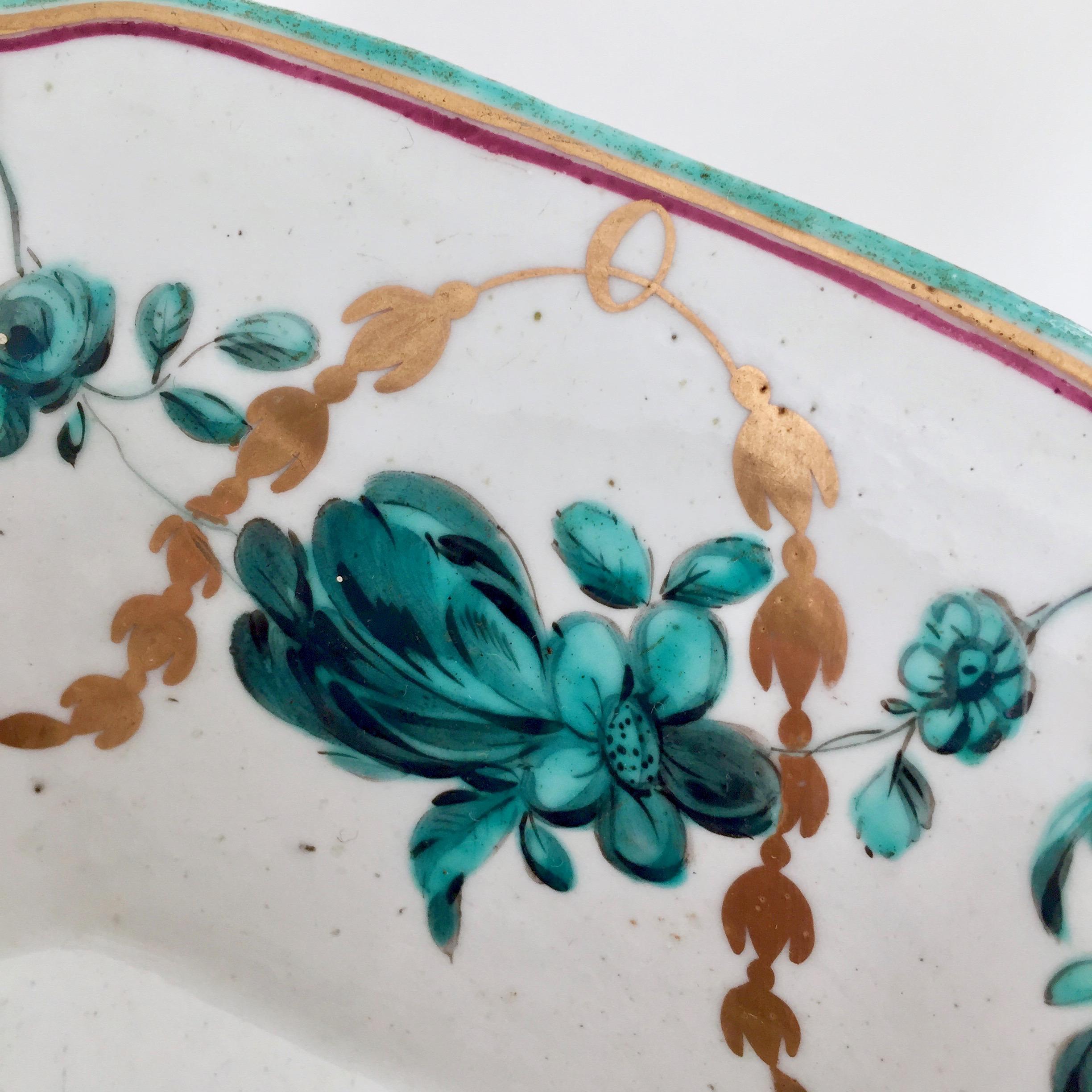 Chelsea Porcelain Octagonal Dish, Teal Flowers J Giles, Puce Anchor, 1753-1758 In Fair Condition In London, GB