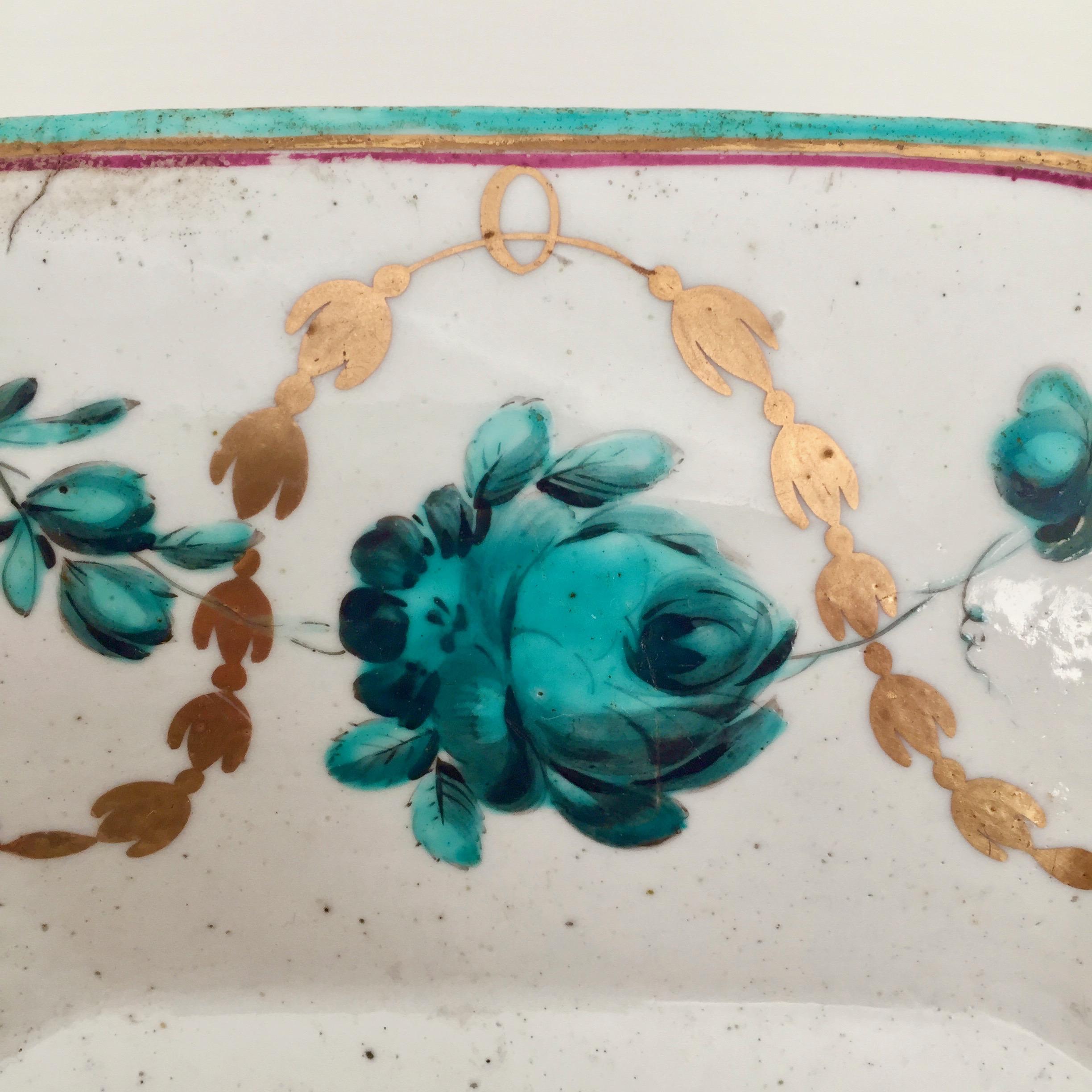 Mid-18th Century Chelsea Porcelain Octagonal Dish, Teal Flowers J Giles, Puce Anchor, 1753-1758