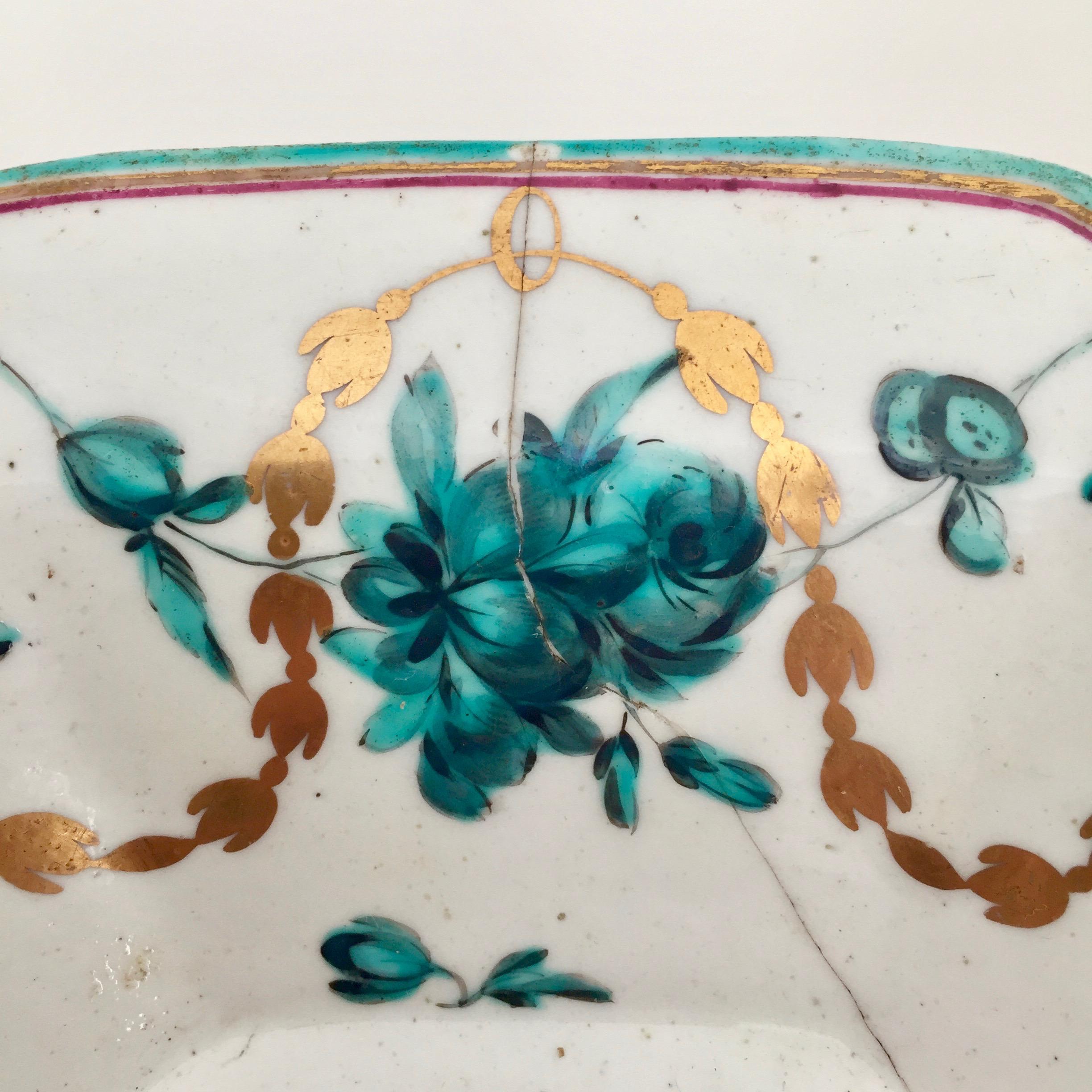 Chelsea Porcelain Octagonal Dish, Teal Flowers J Giles, Puce Anchor, 1753-1758 1