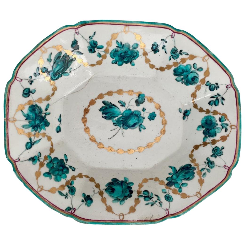 Chelsea Porcelain Octagonal Dish, Teal Flowers J Giles, Puce Anchor, 1753-1758